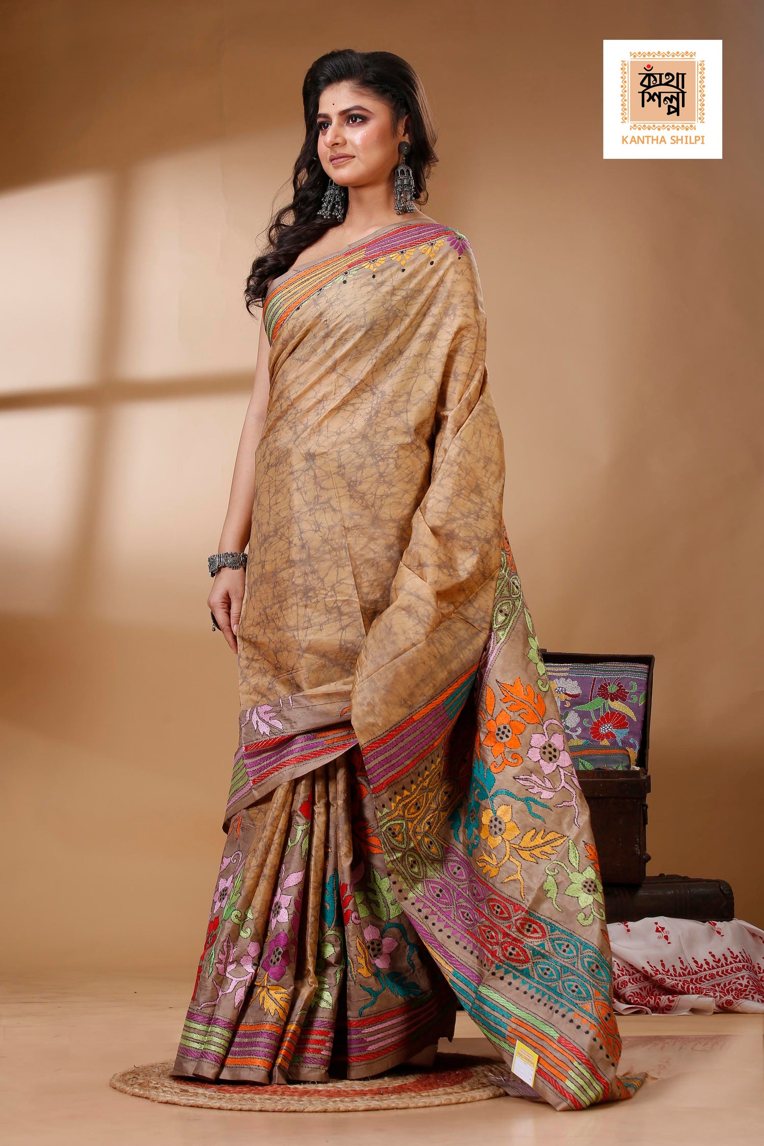 Bangalore Silk Hand Batik and Kantha Stitch Saree SN202522817