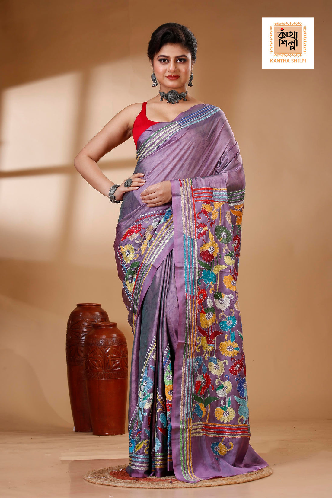 Bangalore Silk Hand Batik and Kantha Stitch Saree SN202523001