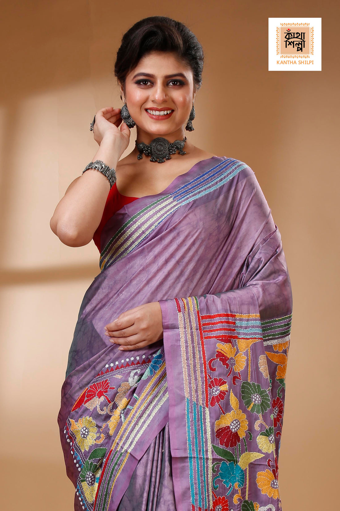 Bangalore Silk Hand Batik and Kantha Stitch Saree SN202523001