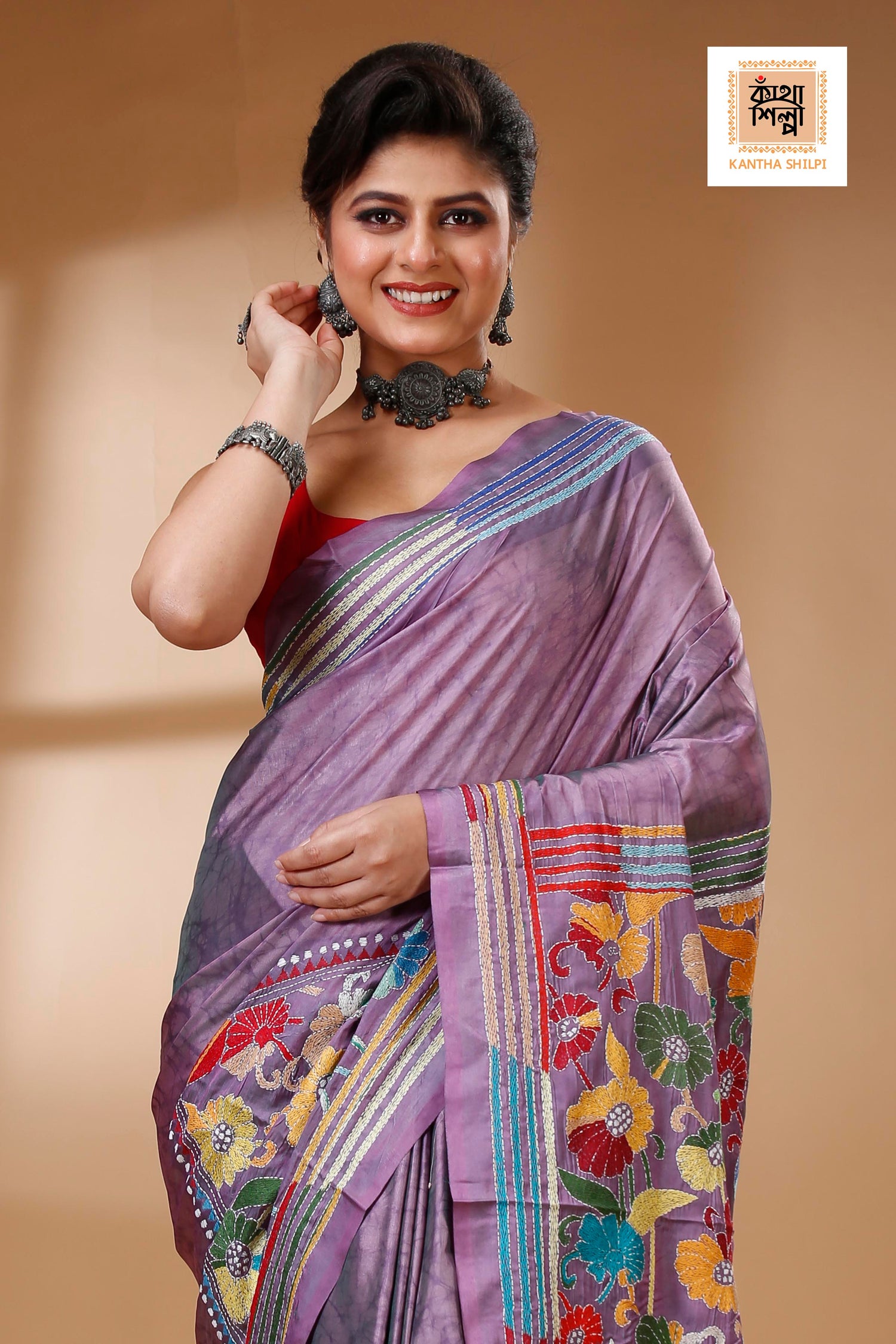 Bangalore Silk Hand Batik and Kantha Stitch Saree SN202523001