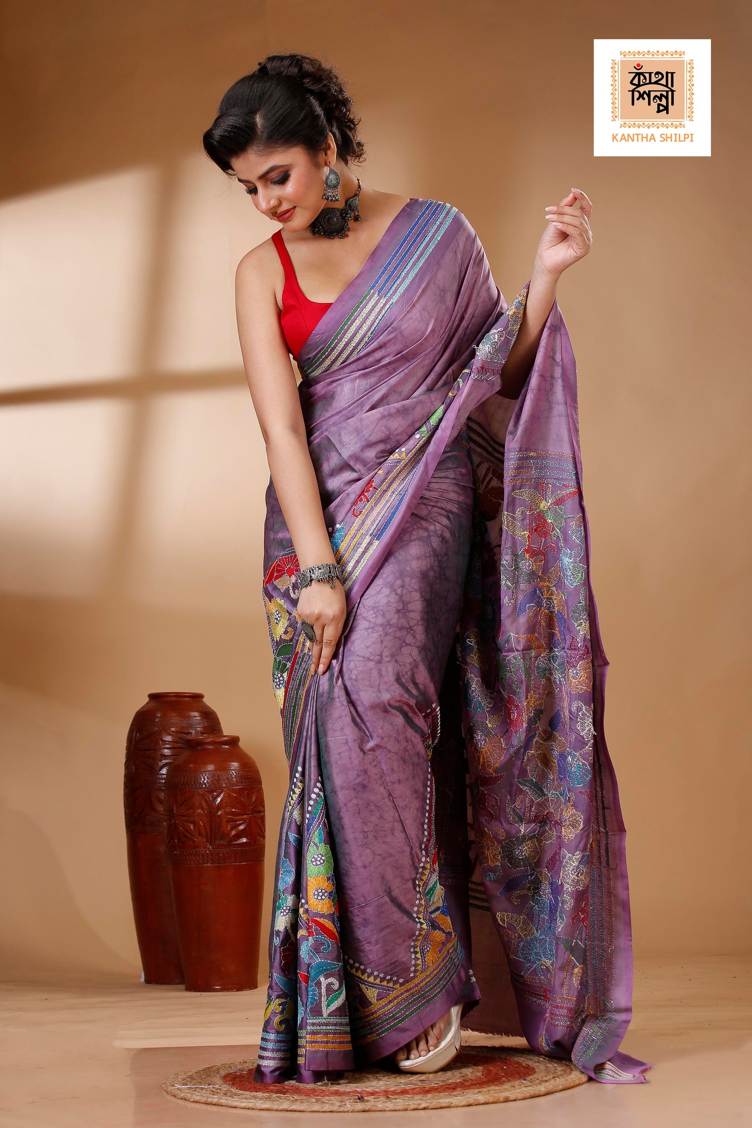 Bangalore Silk Hand Batik and Kantha Stitch Saree SN202523001