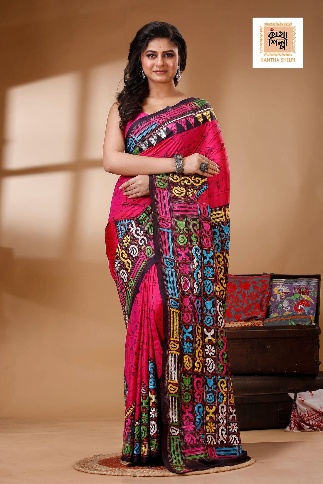 Pure Bangalore Silk Hand Batik and Kantha Stitch Saree SN202523201