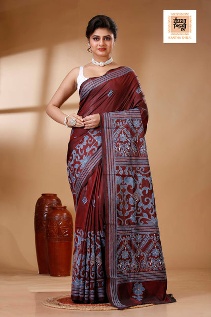 Bangalore Silk Kantha Stitch Saree SN202523340