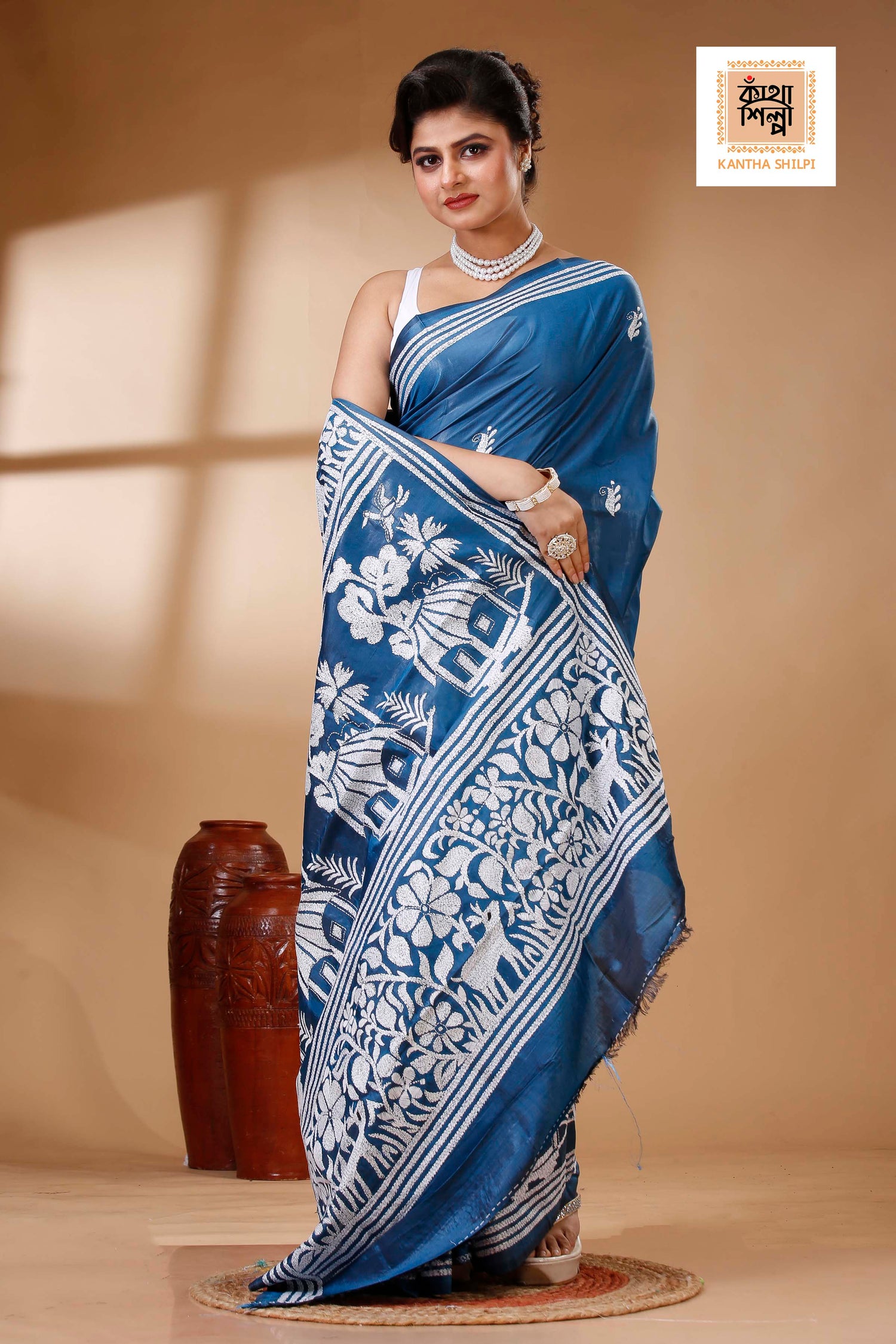 Bangalore Silk Kantha Stitch Saree SN202523425