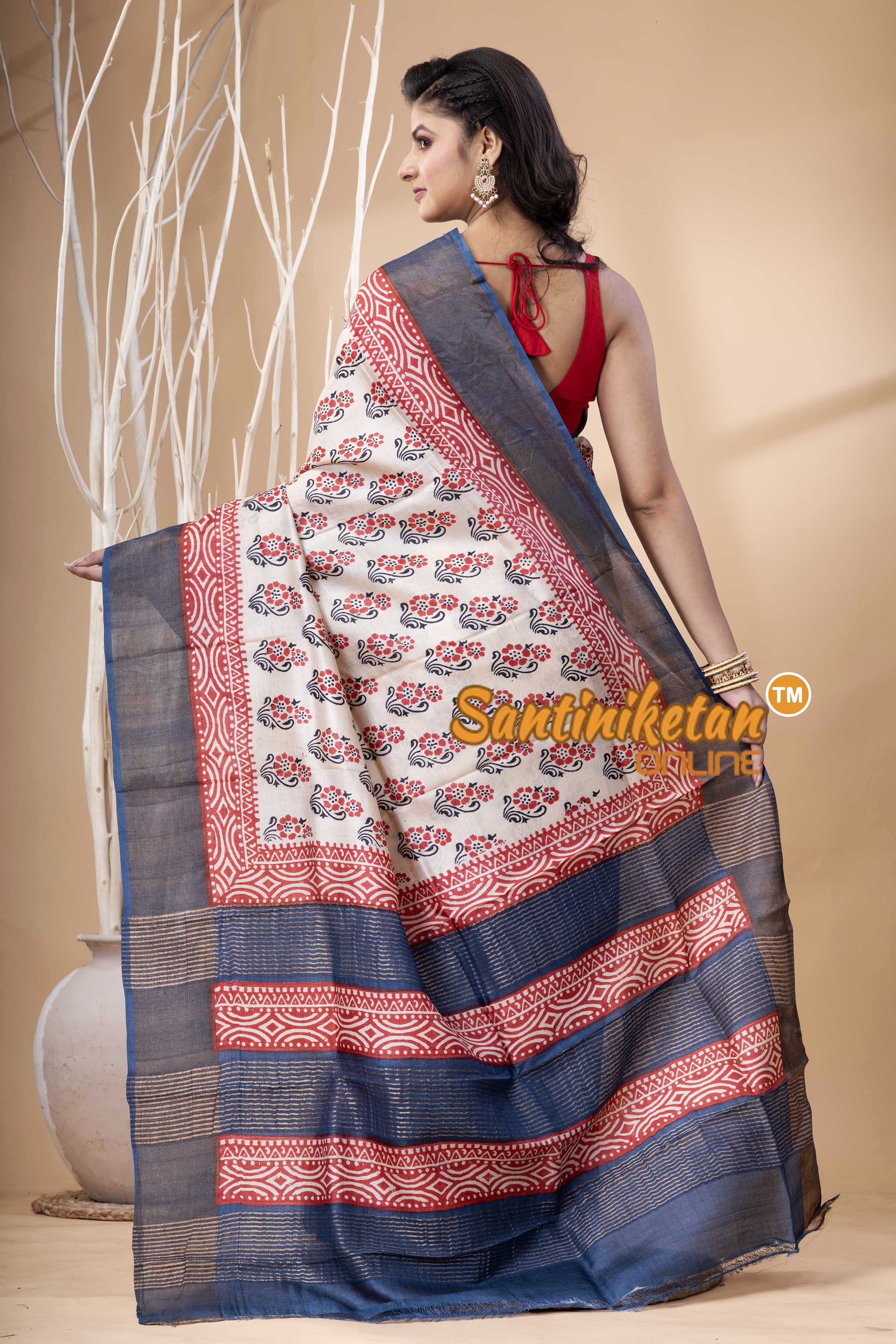 Pure Zari Tussar Hand Block Painted Saree SN202523975