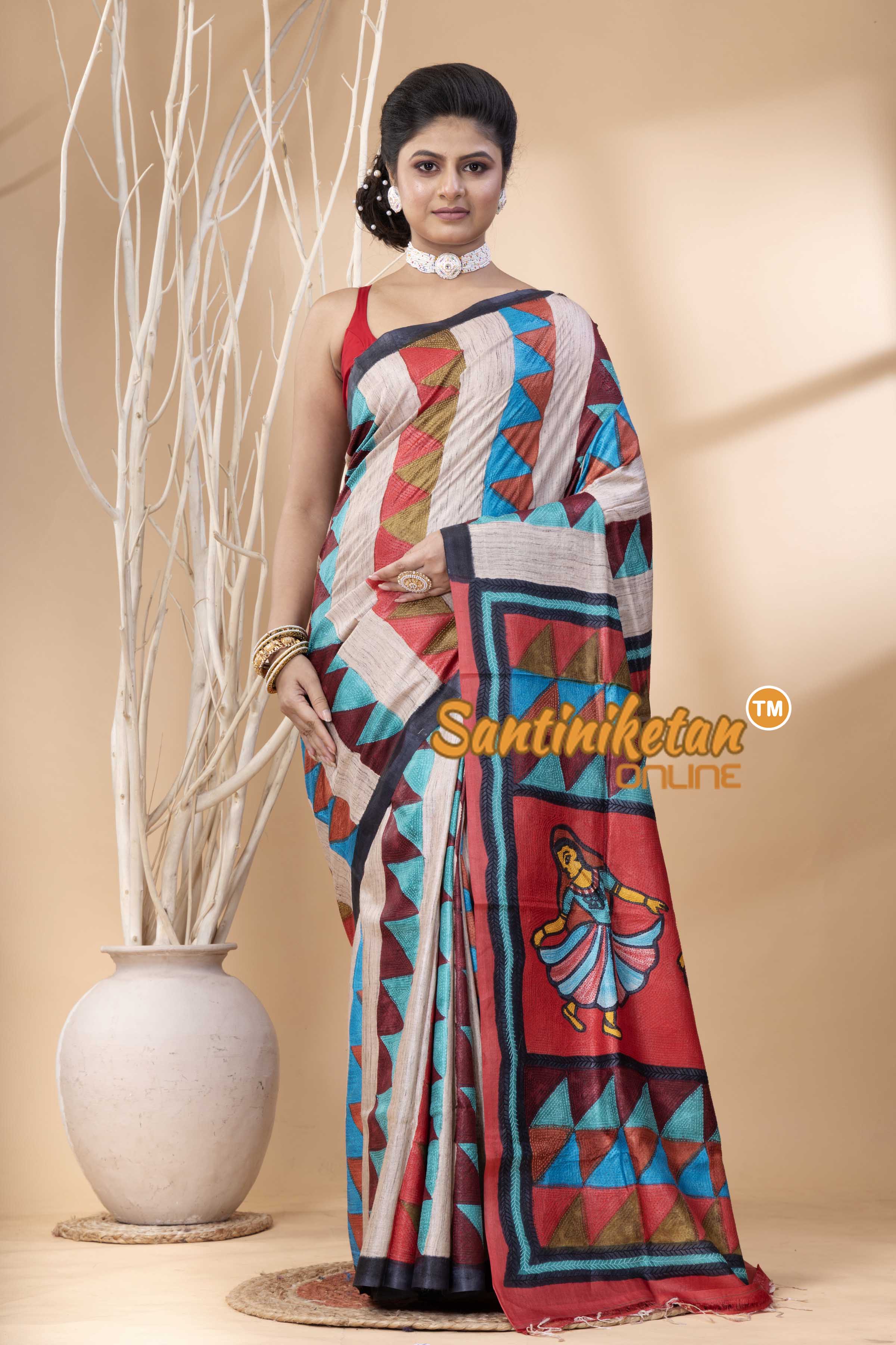 Pure Tussar Painting Kantha Stitch Saree SN202524142