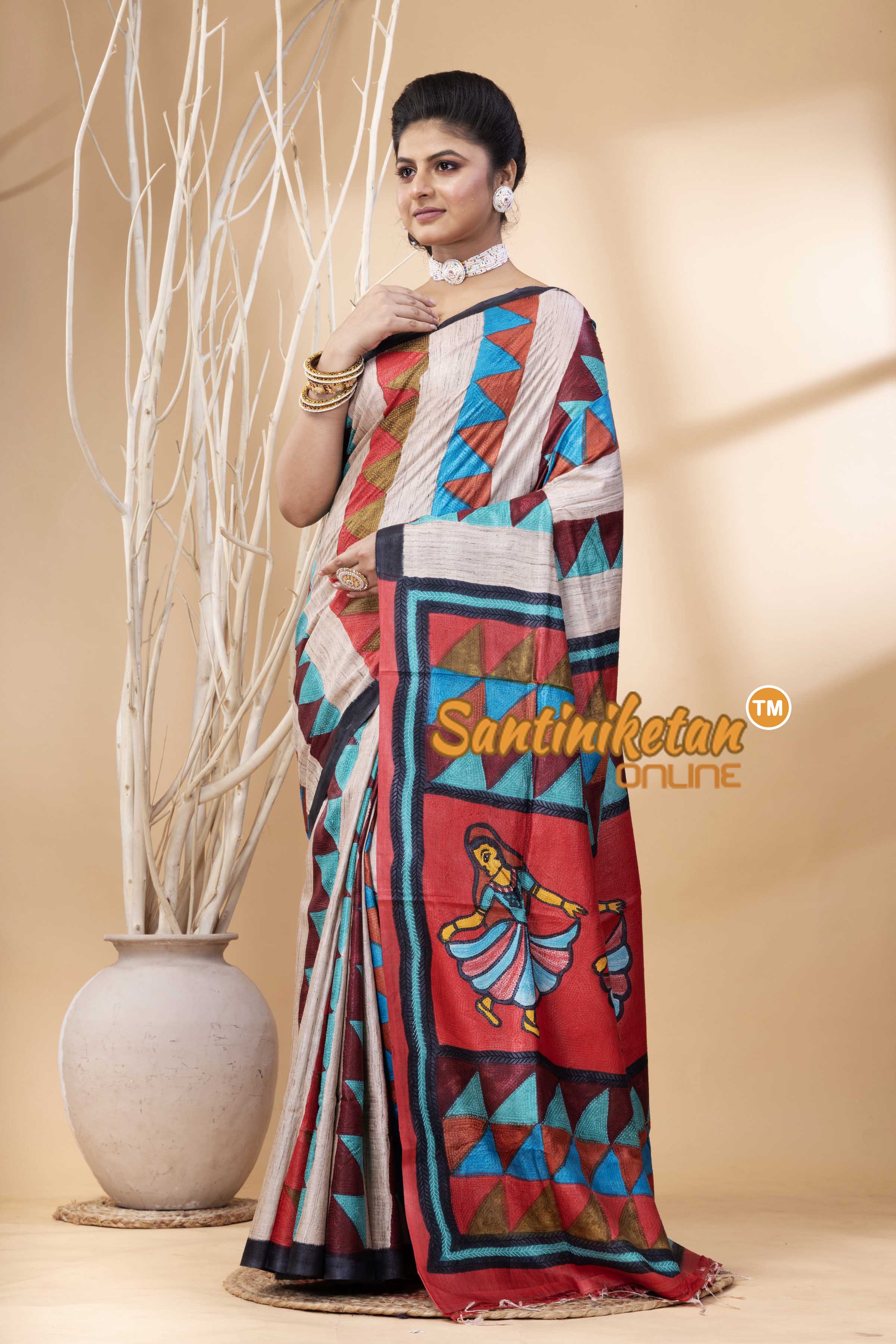 Pure Tussar Painting Kantha Stitch Saree SN202524142
