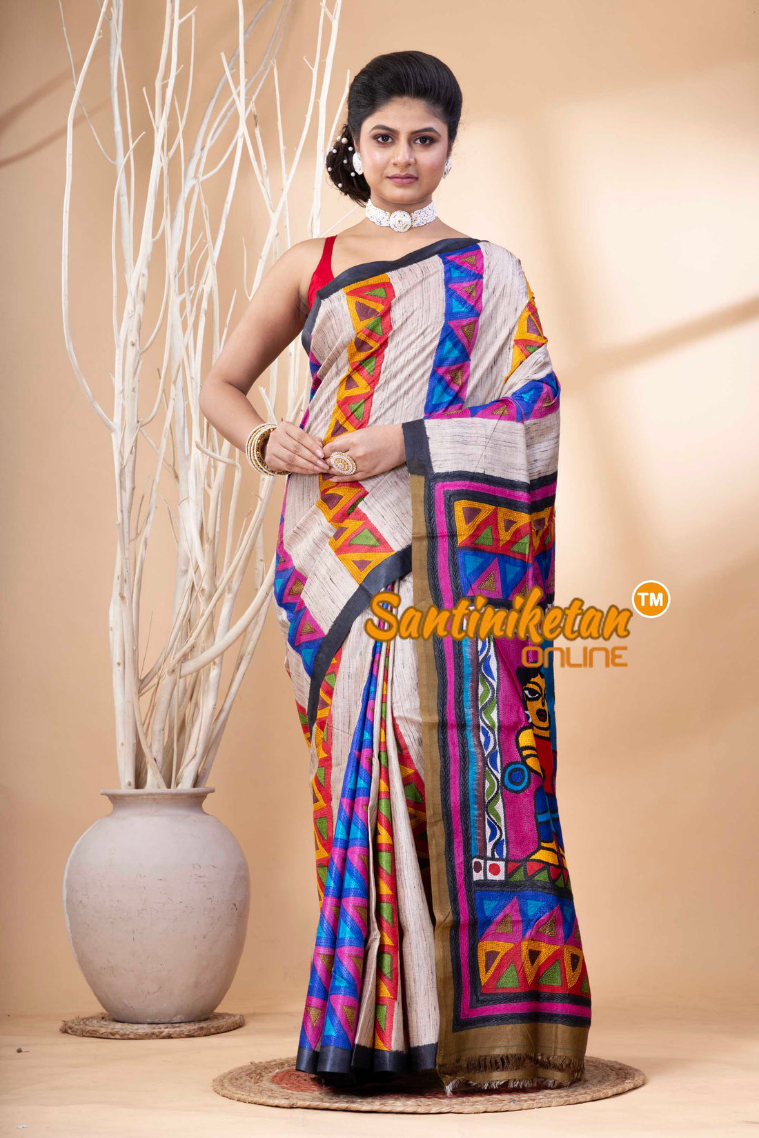Pure Tussar Painting Kantha Stitch Saree SN202524179