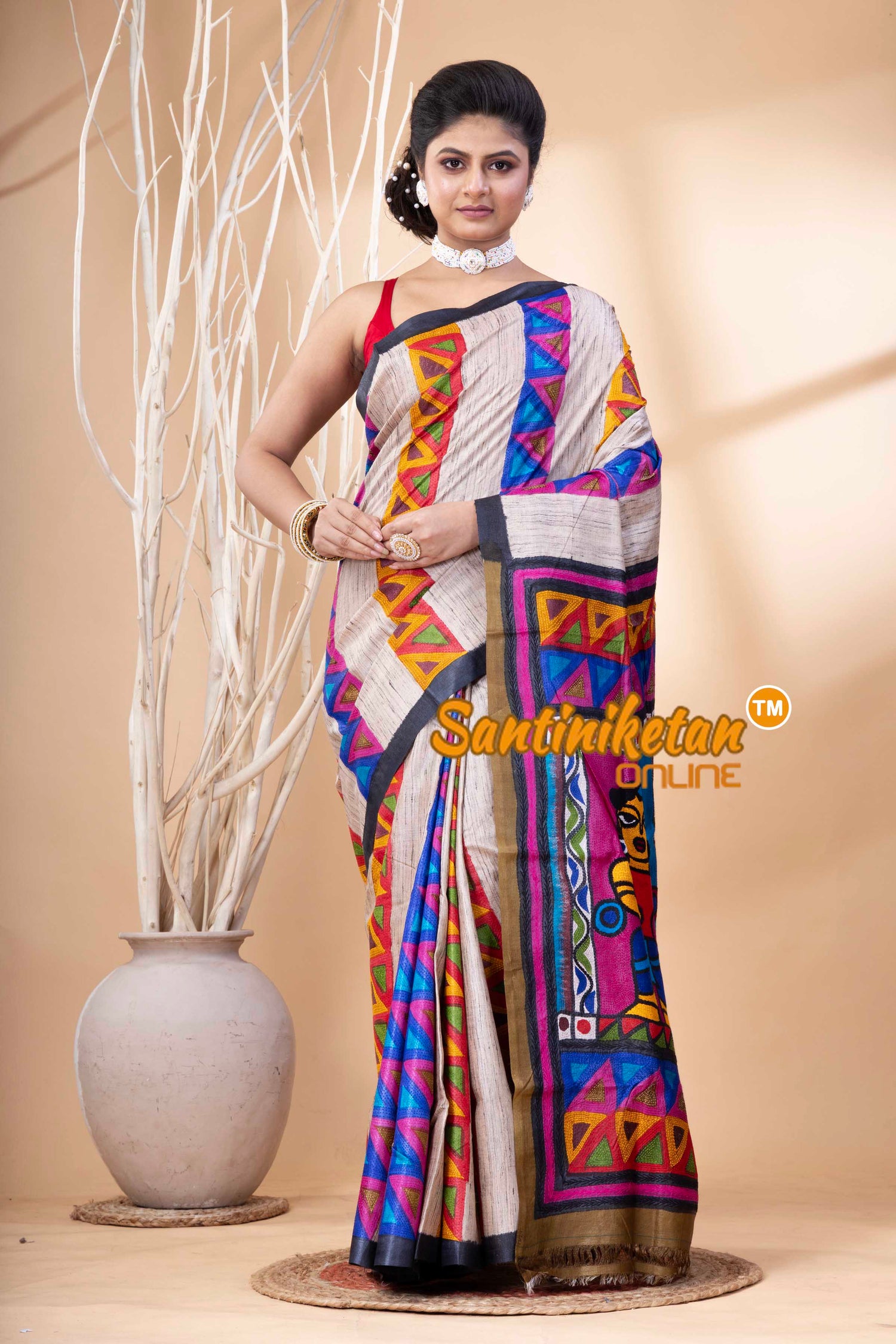 Pure Tussar Painting Kantha Stitch Saree SN202524179