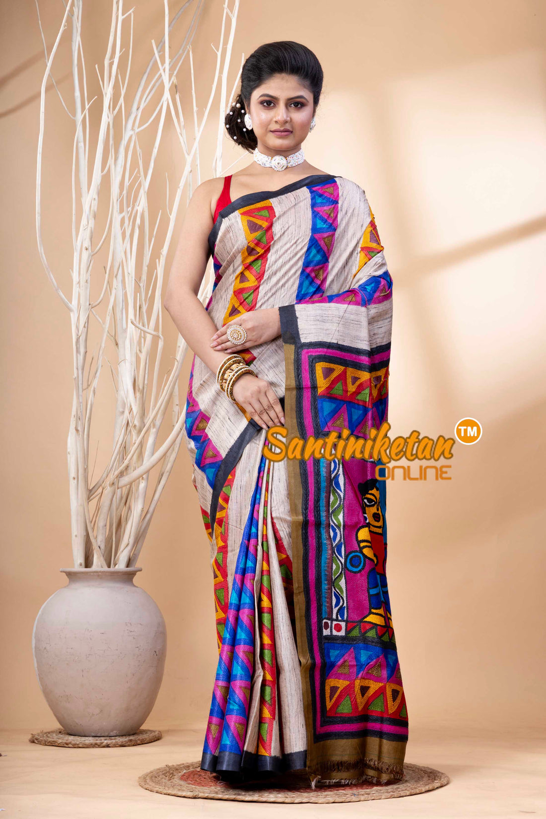 Pure Tussar Painting Kantha Stitch Saree SN202524179