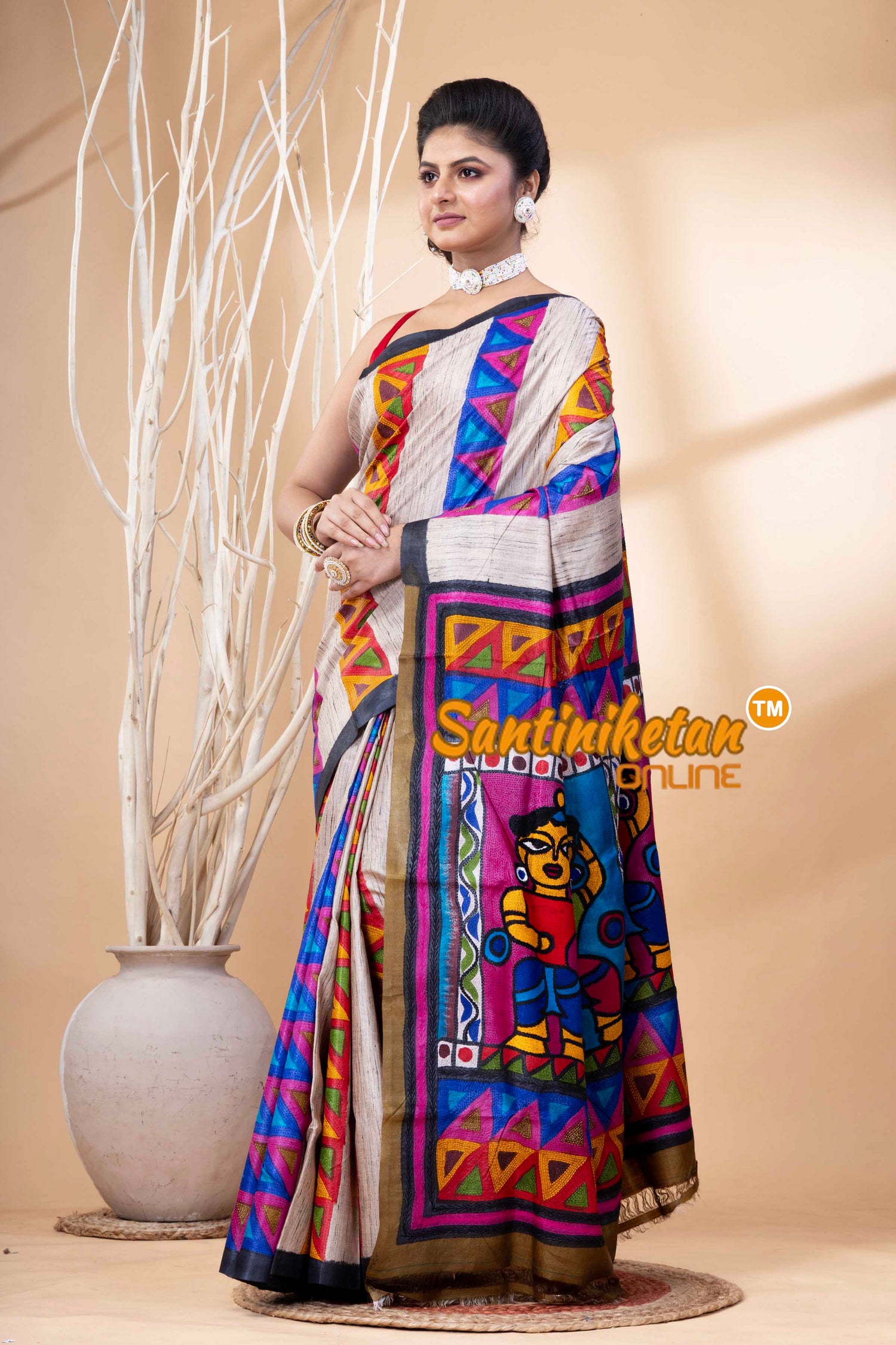 Pure Tussar Painting Kantha Stitch Saree SN202524179