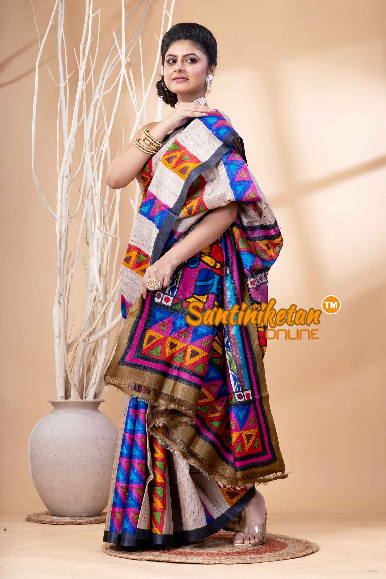 Pure Tussar Painting Kantha Stitch Saree SN202524179