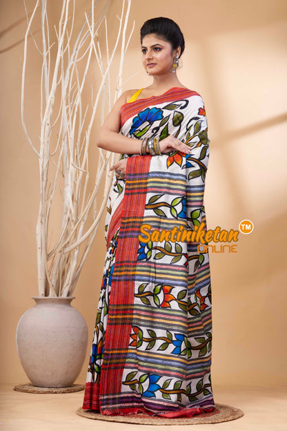 Bishnupuri (Katan) Silk Hand Painting and Kantha Stitch Saree SN202524239