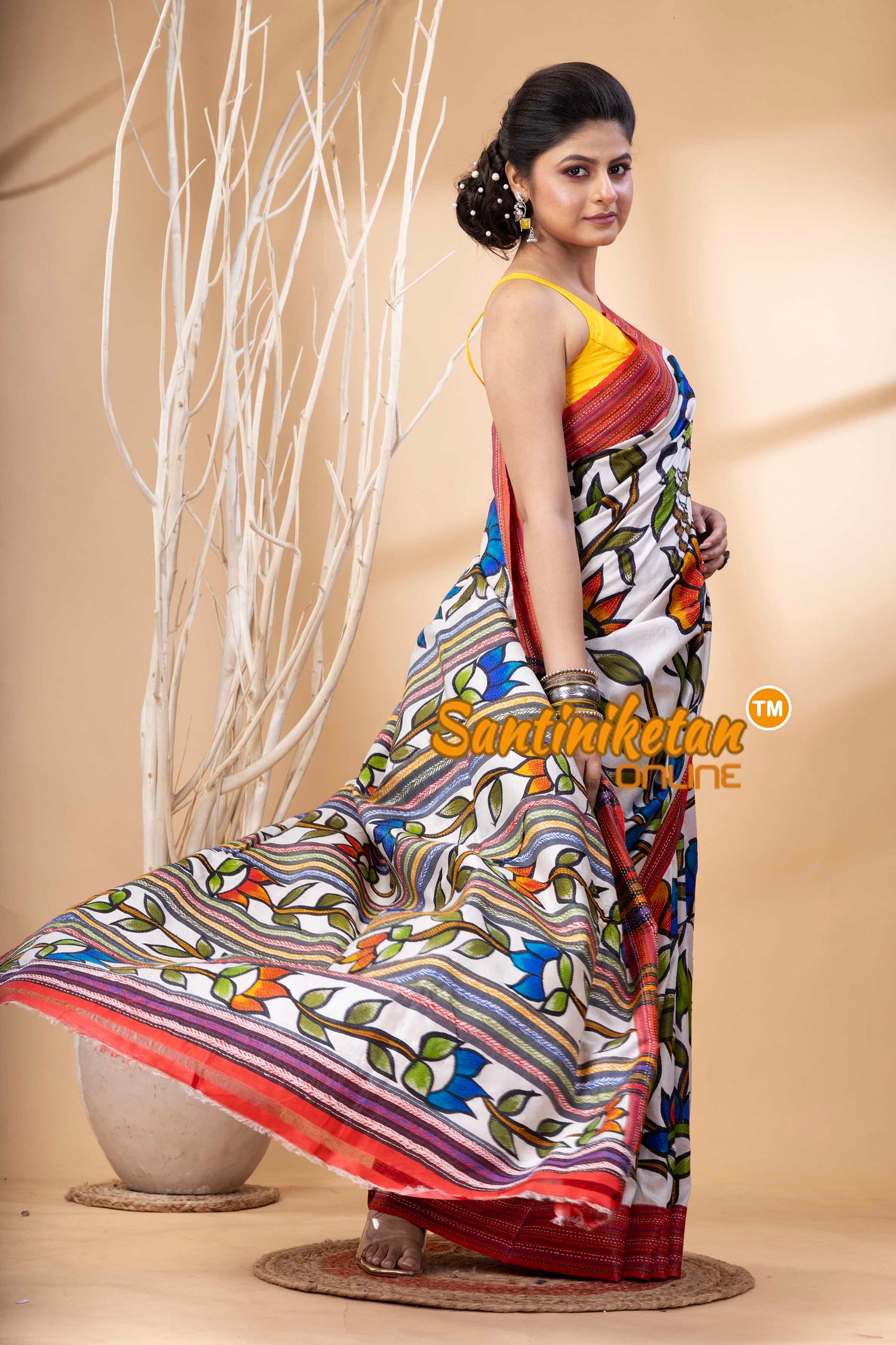 Bishnupuri (Katan) Silk Hand Painting and Kantha Stitch Saree SN202524239