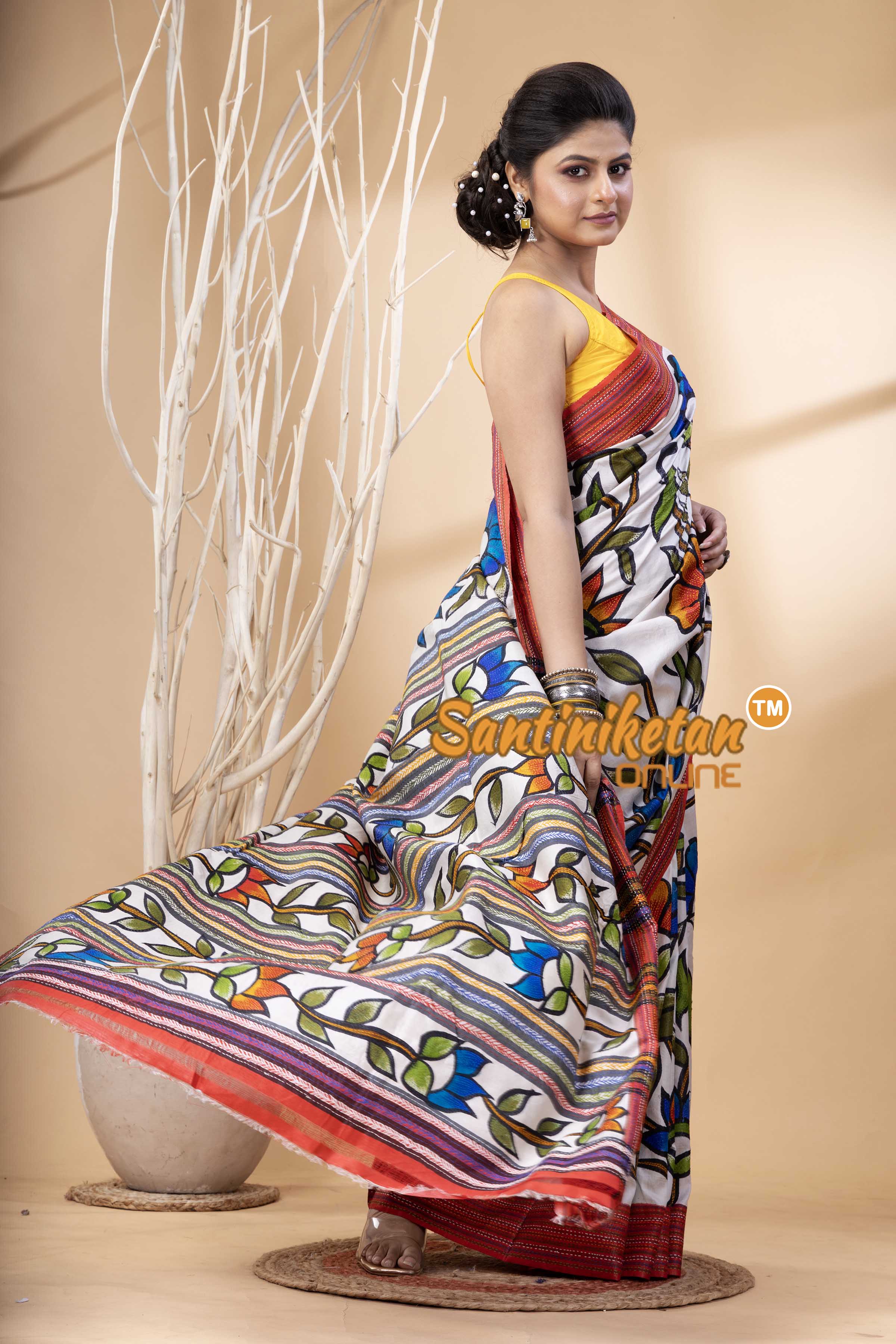 Bishnupuri (Katan) Silk Hand Painting and Kantha Stitch Saree SN202524239