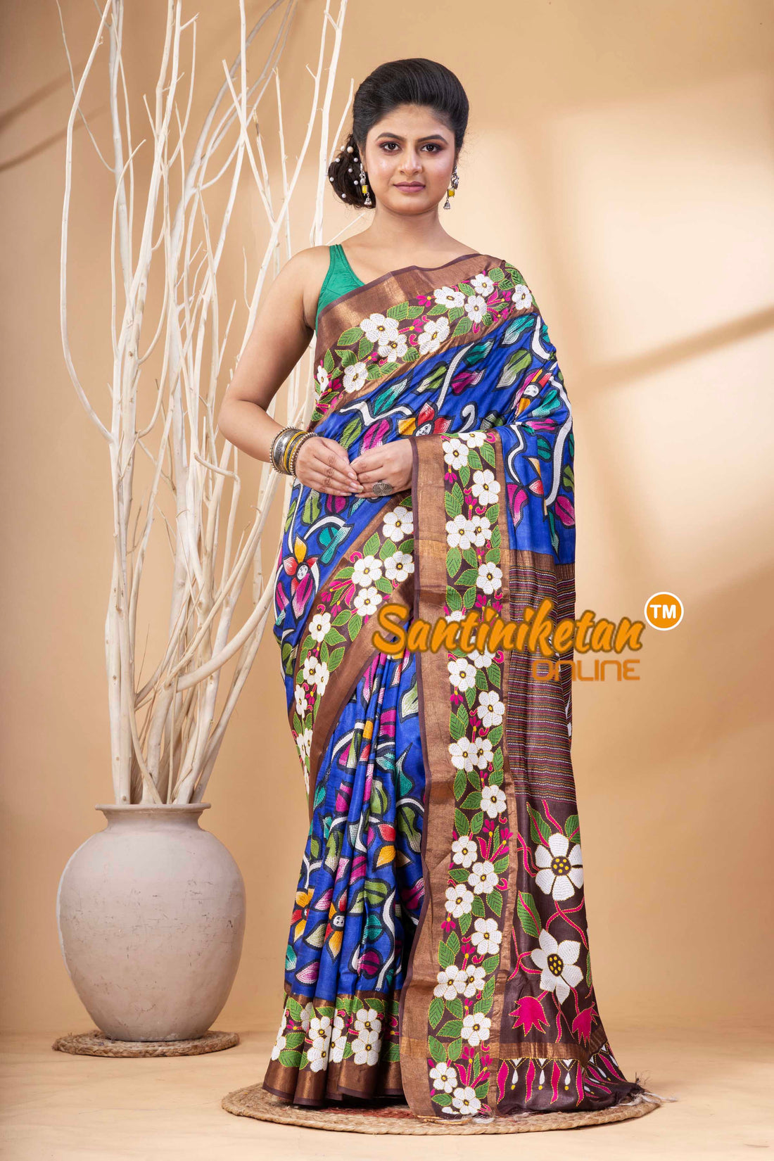 Zari Border Pure Tussar Hand Paint And Kantha Stitch Saree SN202524317