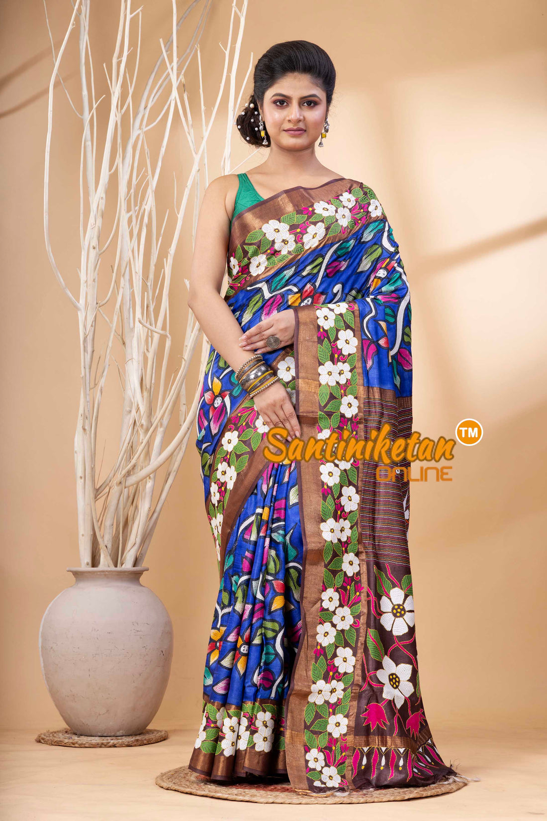 Zari Border Pure Tussar Hand Paint And Kantha Stitch Saree SN202524317