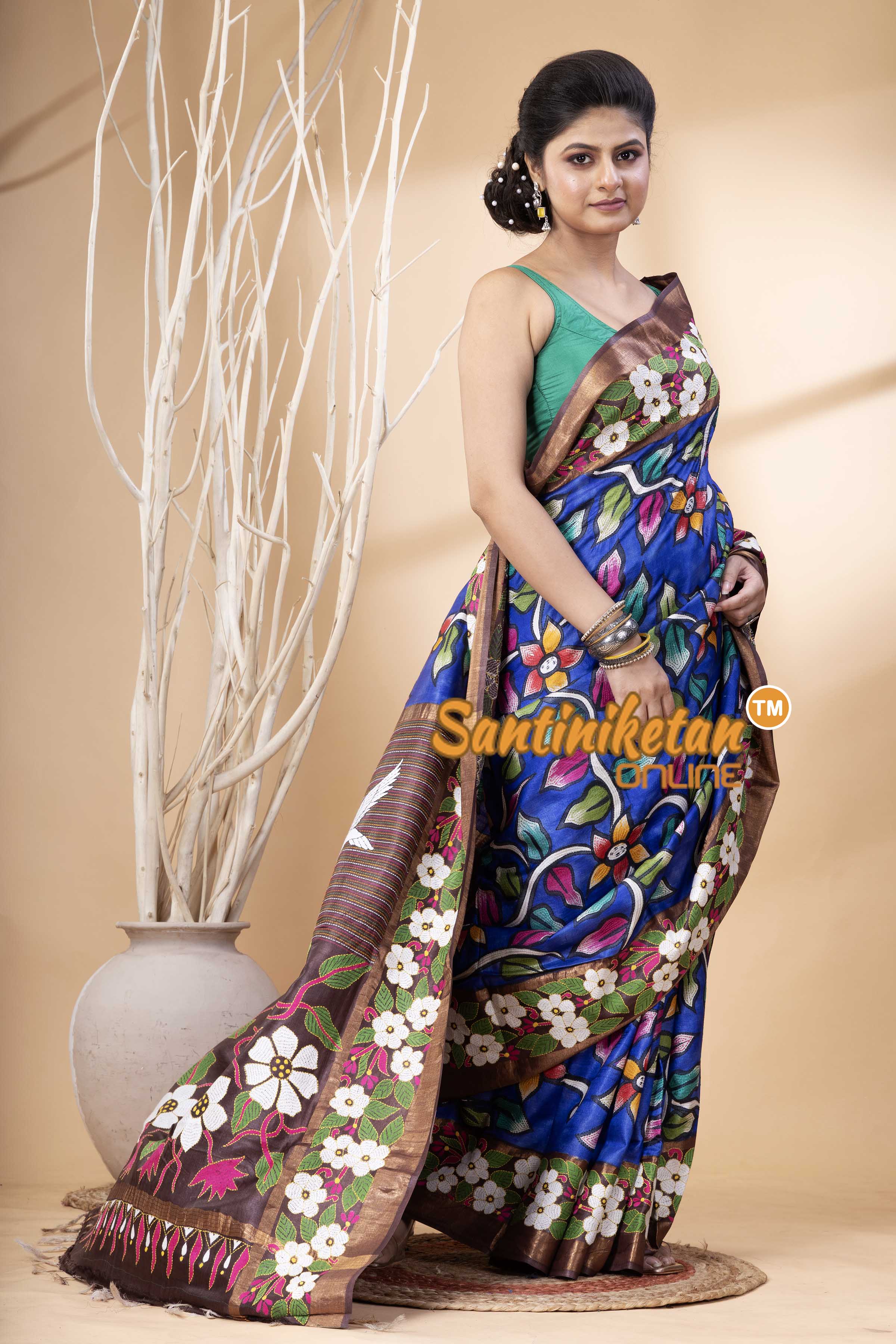 Zari Border Pure Tussar Hand Paint And Kantha Stitch Saree SN202524317