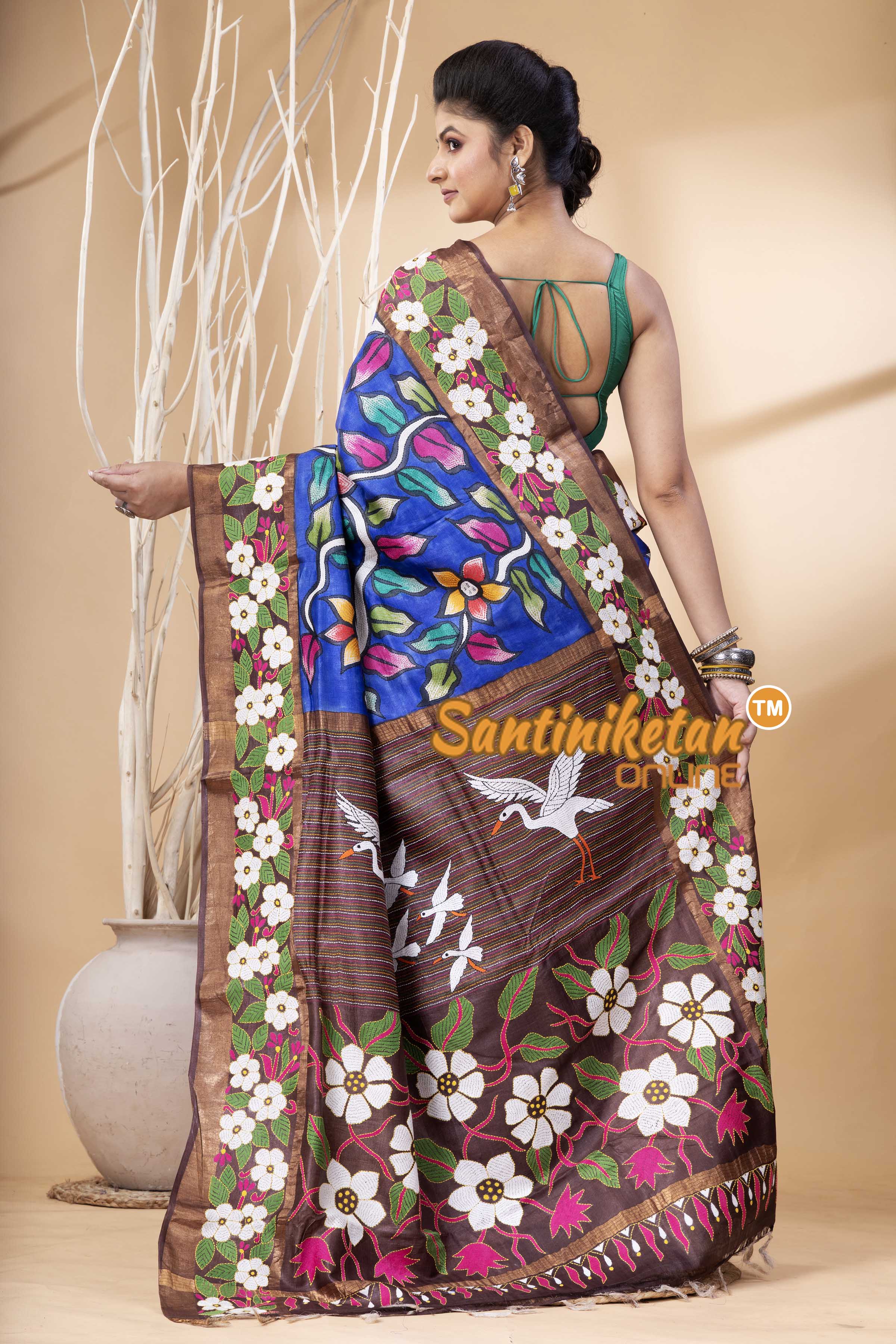 Zari Border Pure Tussar Hand Paint And Kantha Stitch Saree SN202524317