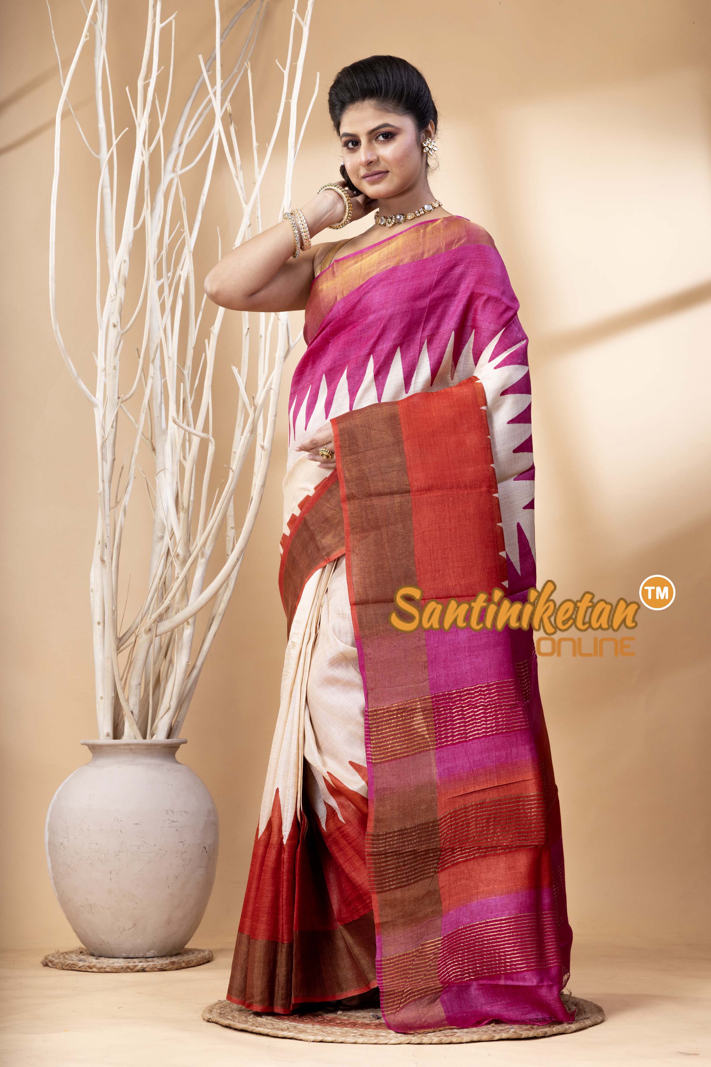 Pure Zari Tussar Hand Block Painted Saree SN202524363