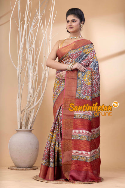 Pure Zari Tussar Hand Block Painted Saree SN202524375