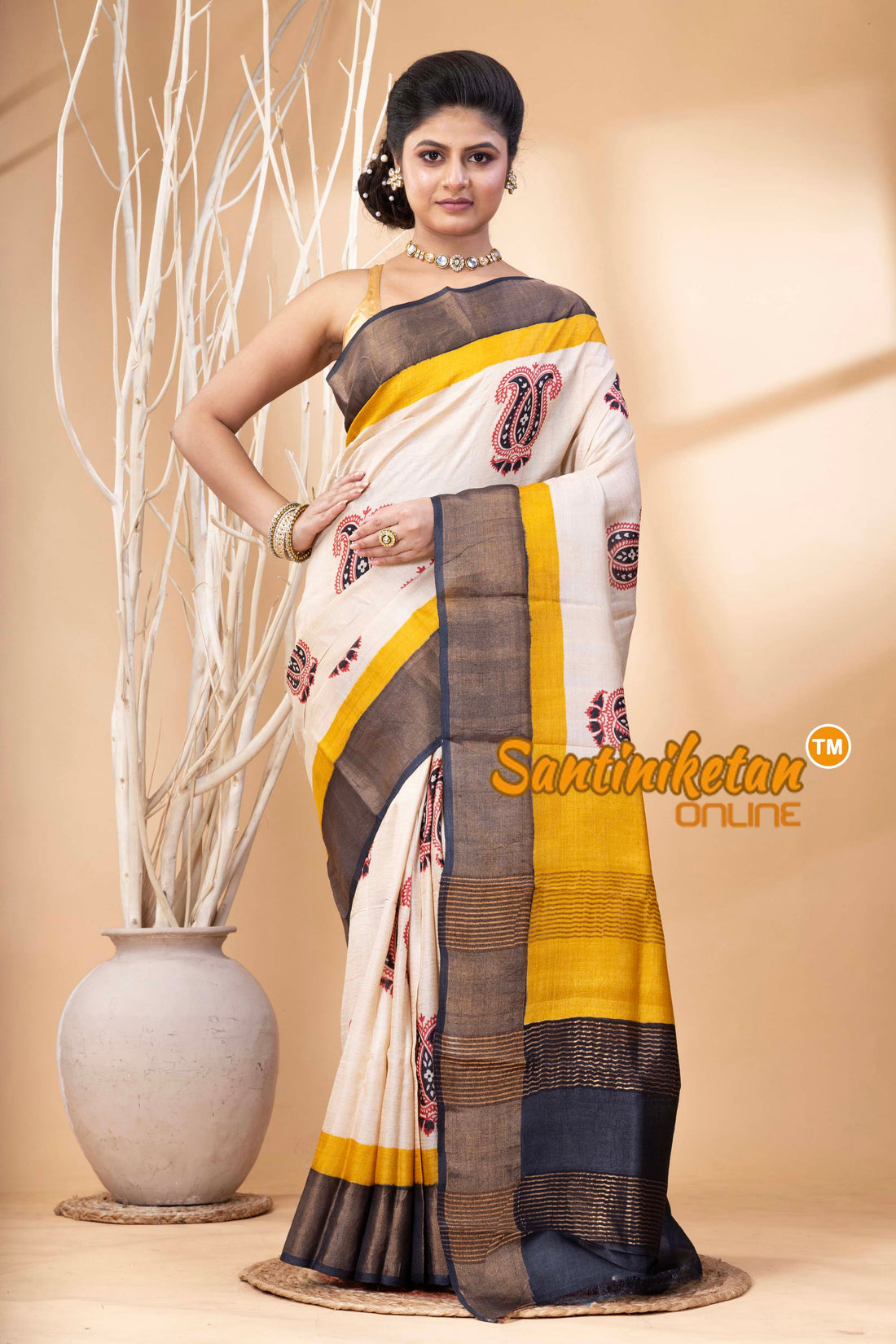 Pure Zari Tussar Hand Block Painted Saree SN202524423