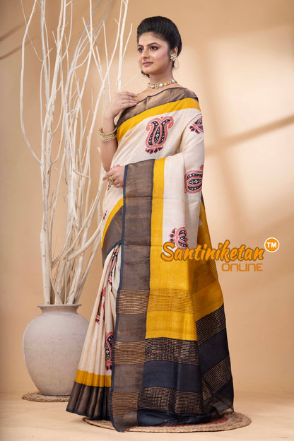 Pure Zari Tussar Hand Block Painted Saree SN202524423