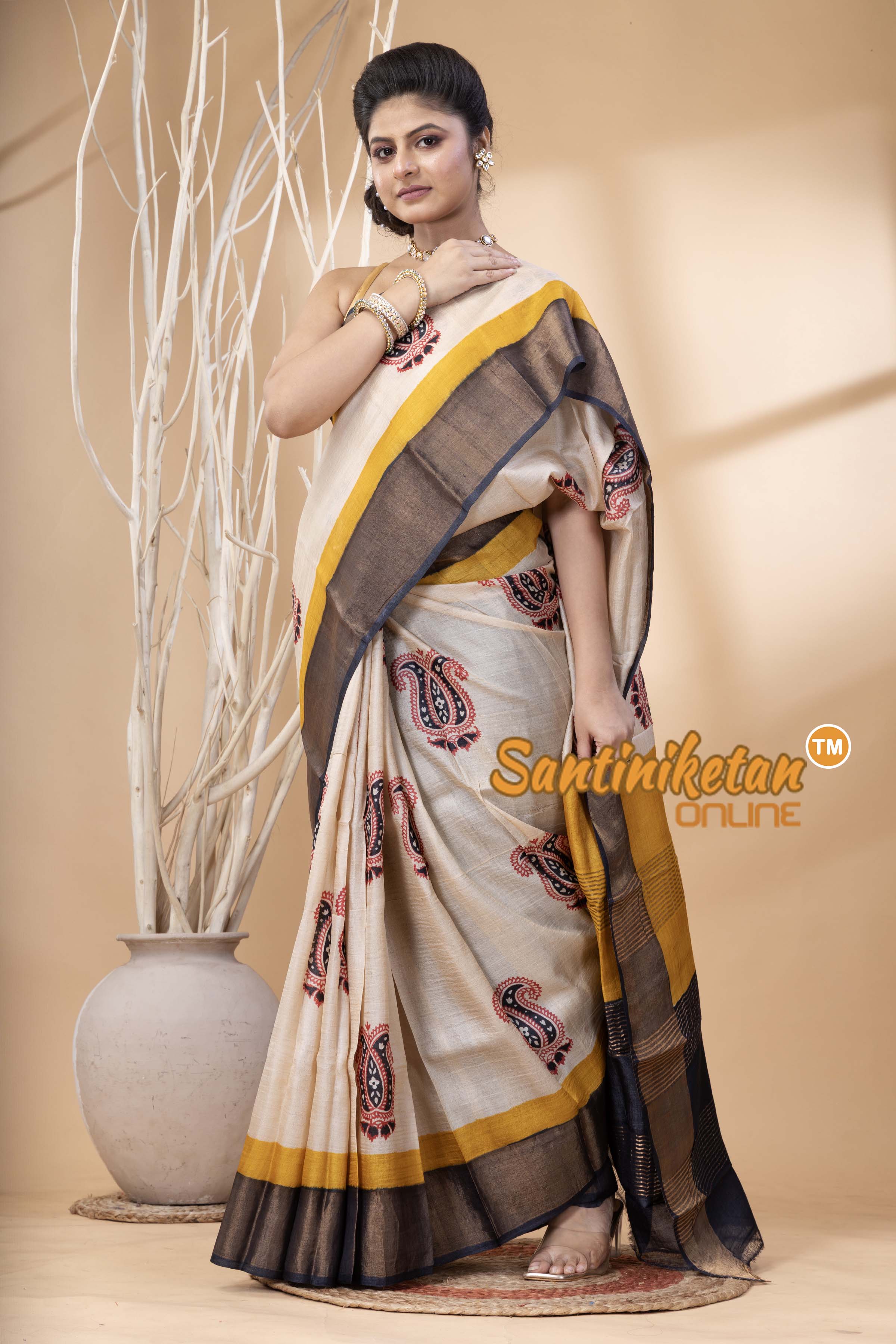 Pure Zari Tussar Hand Block Painted Saree SN202524423