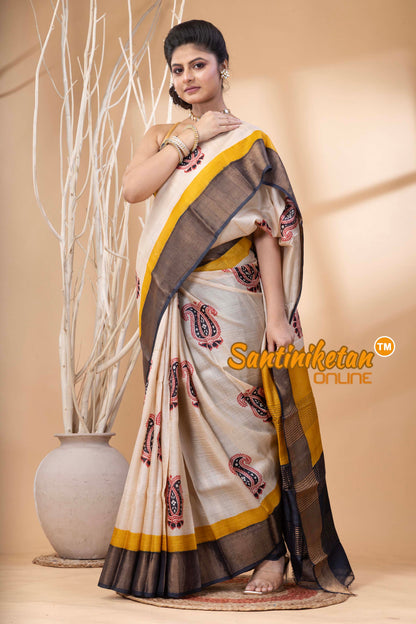 Pure Zari Tussar Hand Block Painted Saree SN202524423