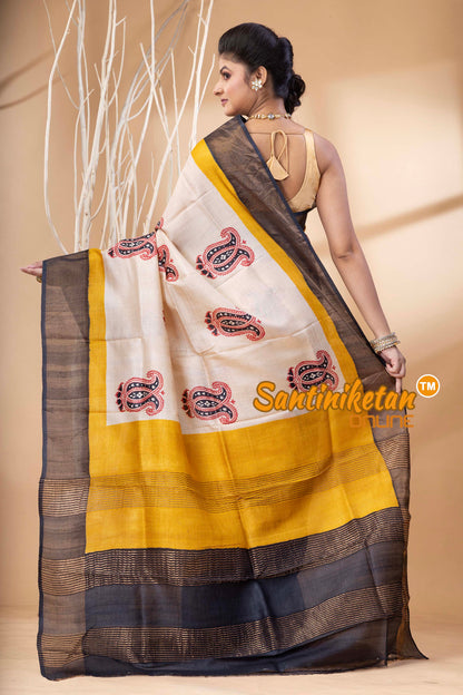 Pure Zari Tussar Hand Block Painted Saree SN202524423