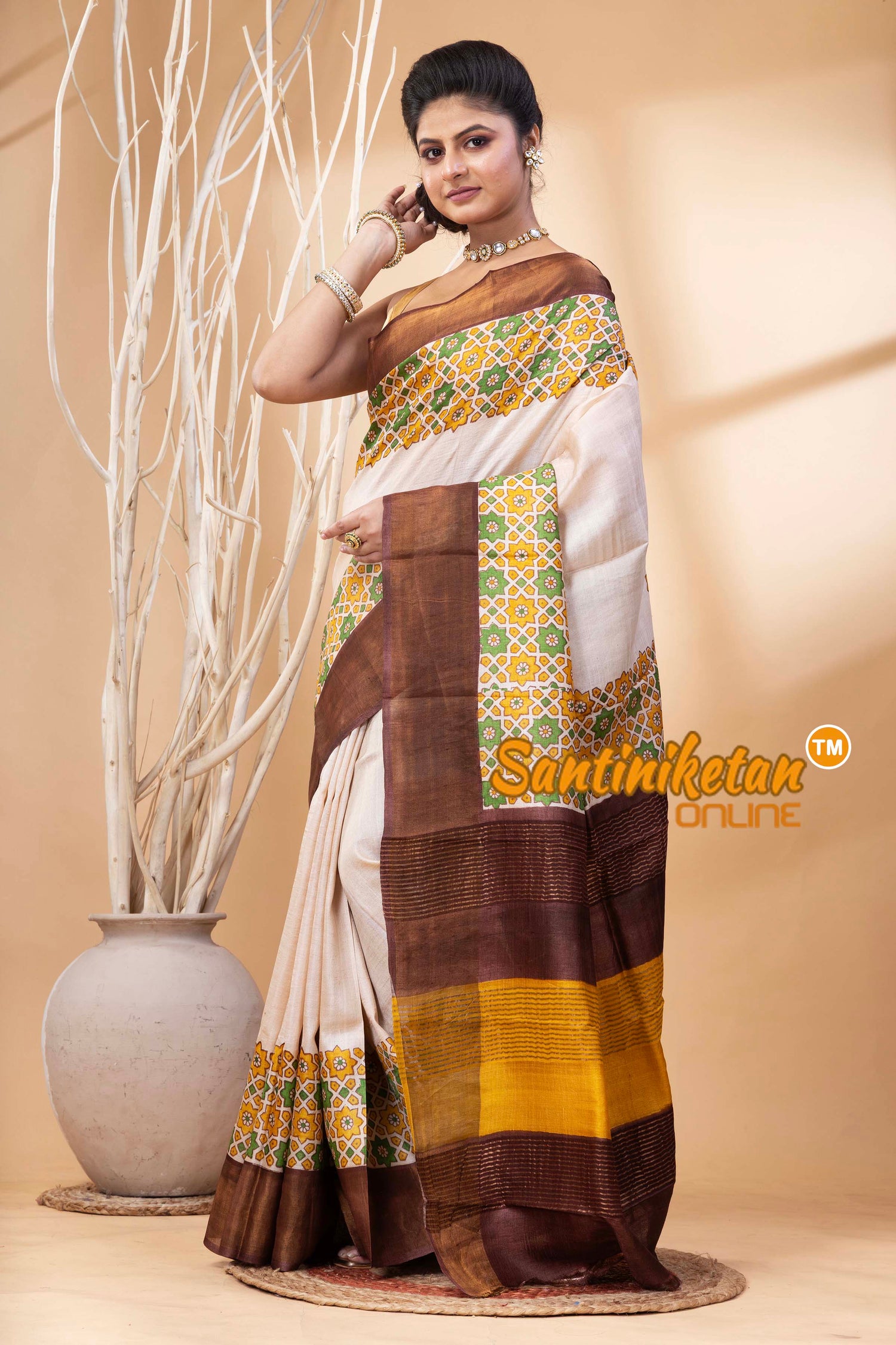 Pure Zari Tussar Hand Block Painted Saree SN202524429