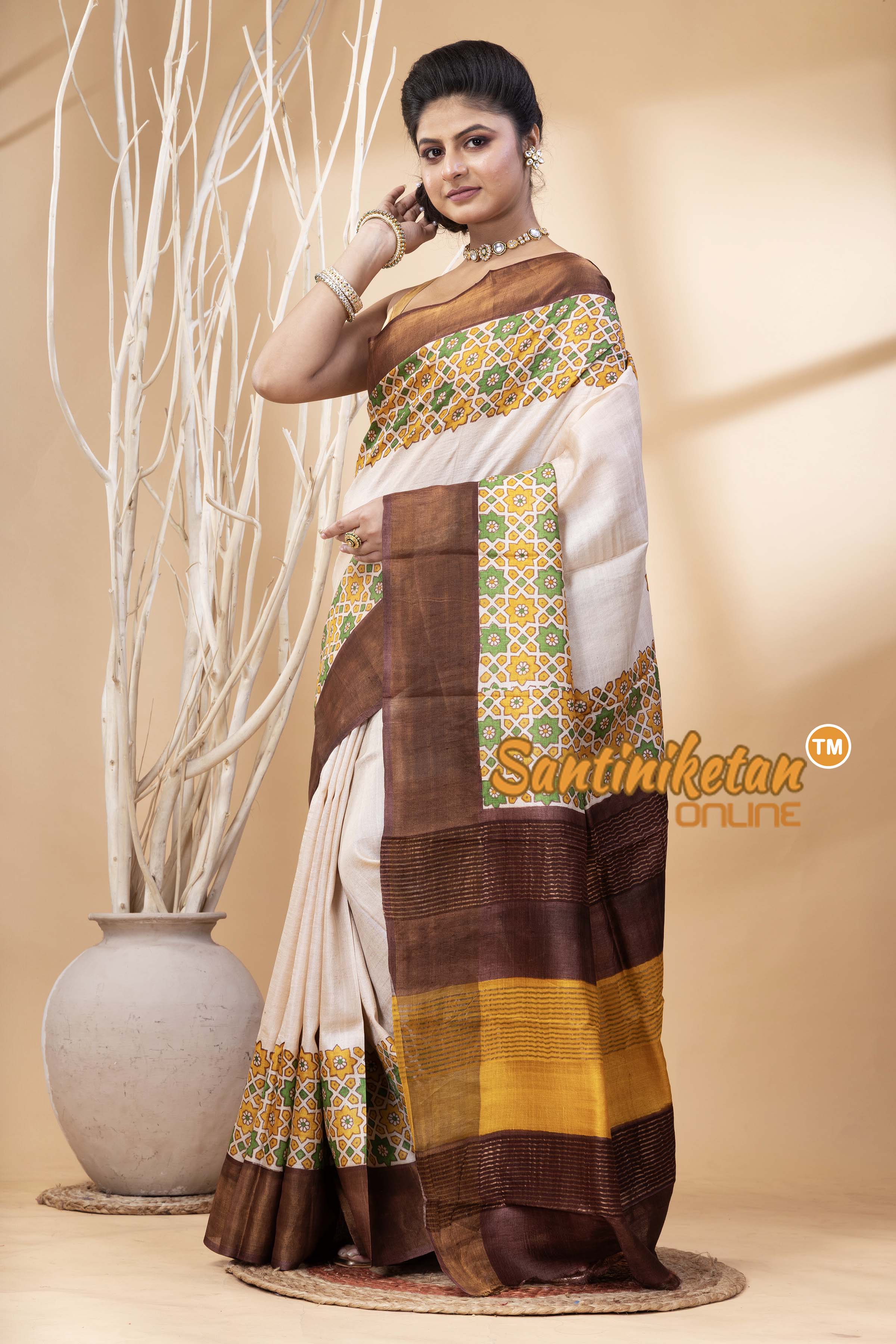 Pure Zari Tussar Hand Block Painted Saree SN202524429