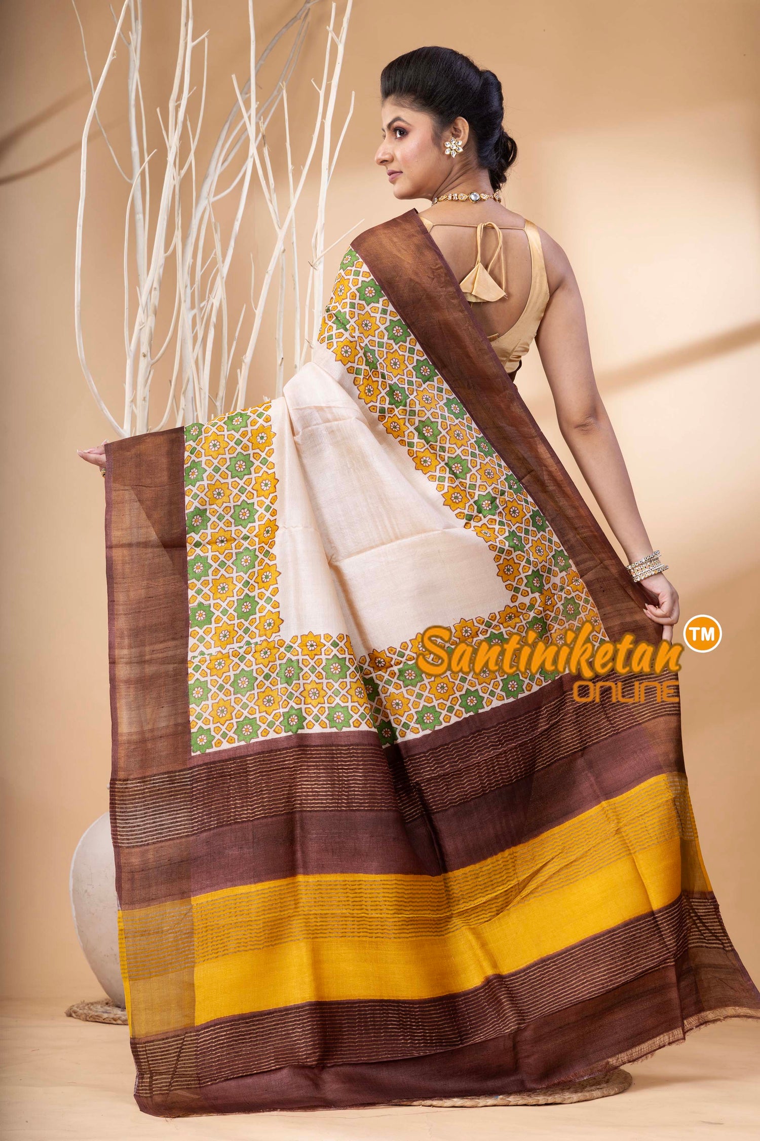 Pure Zari Tussar Hand Block Painted Saree SN202524429