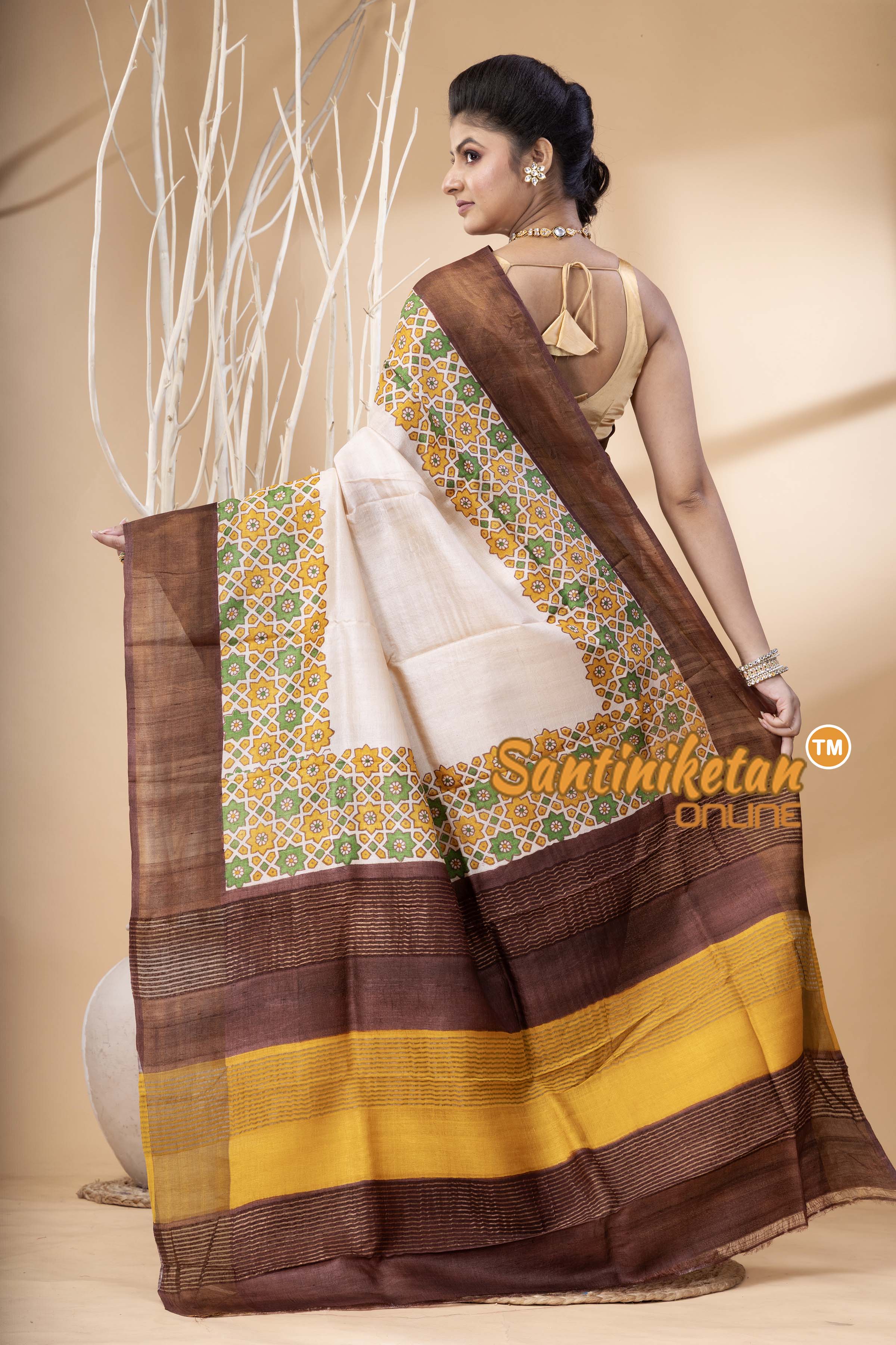 Pure Zari Tussar Hand Block Painted Saree SN202524429