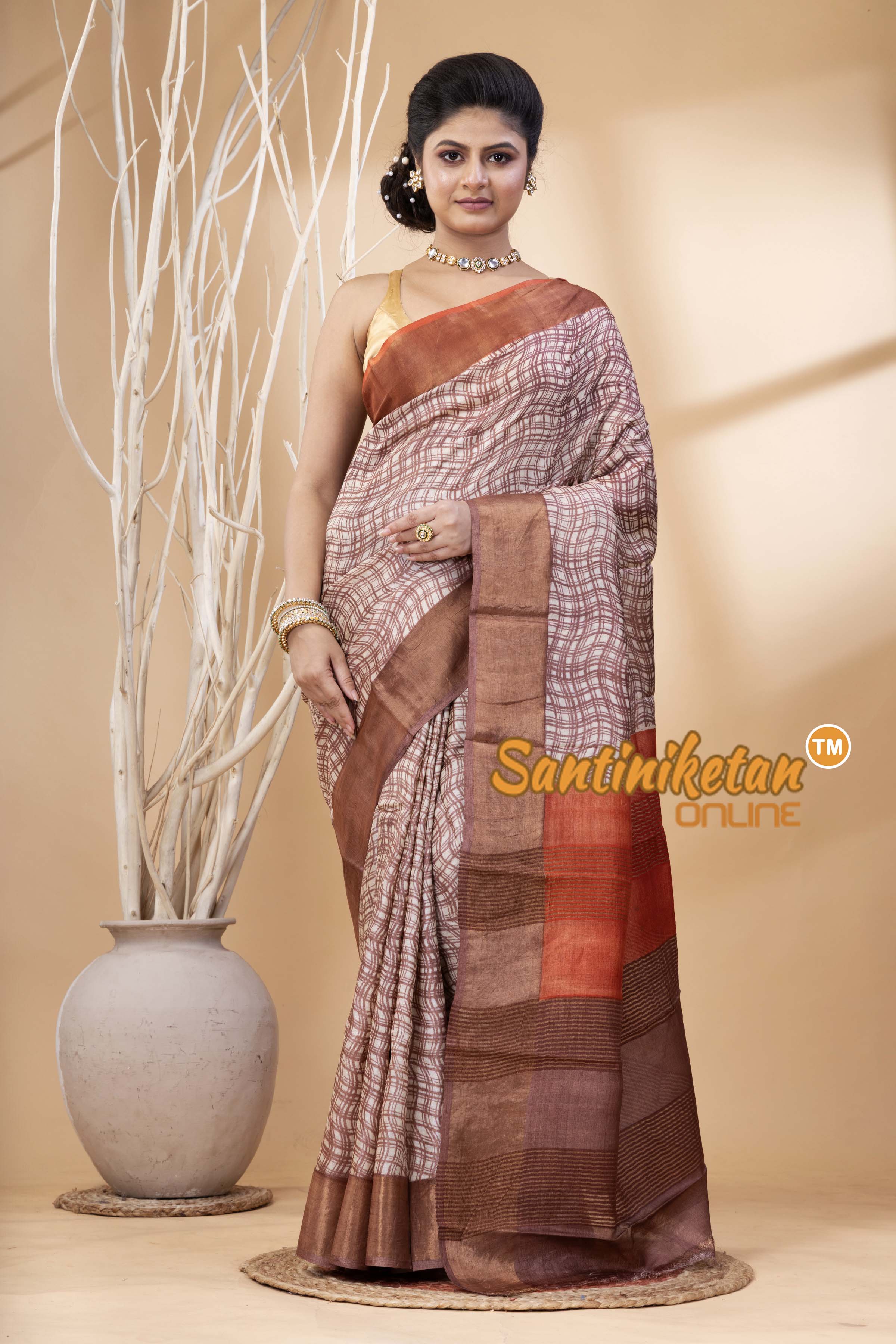 Pure Zari Tussar Hand Block Painted Saree SN202524435