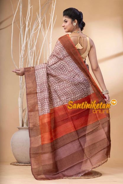 Pure Zari Tussar Hand Block Painted Saree SN202524435