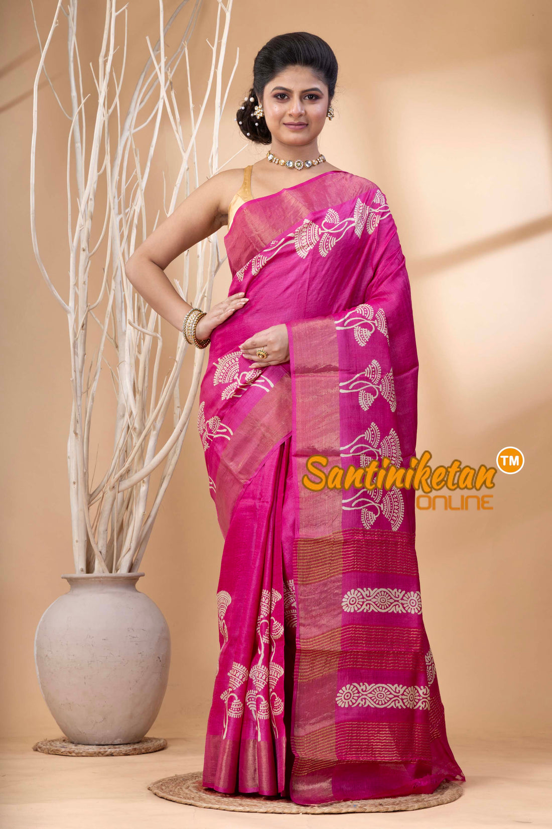 Pure Zari Tussar Hand Block Painted Saree SN202524441