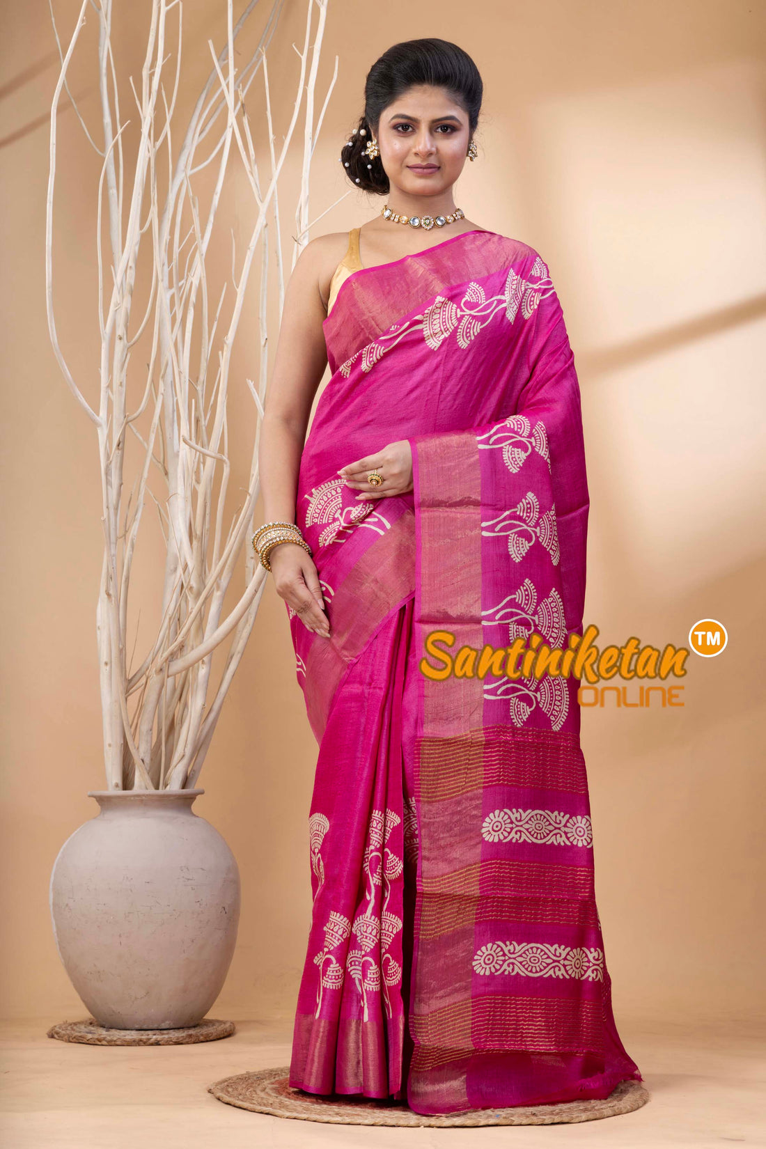 Pure Zari Tussar Hand Block Painted Saree SN202524441