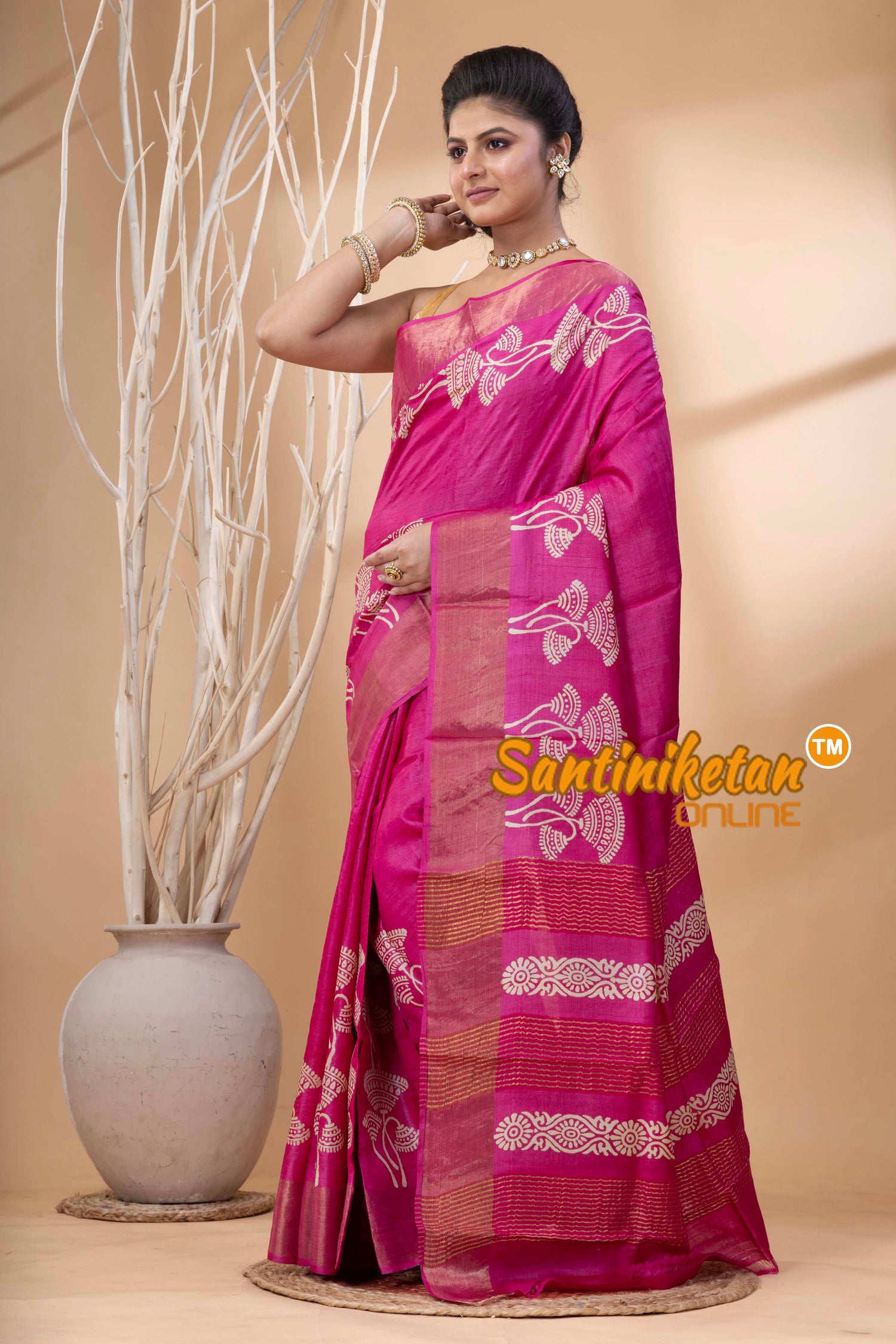 Pure Zari Tussar Hand Block Painted Saree SN202524441