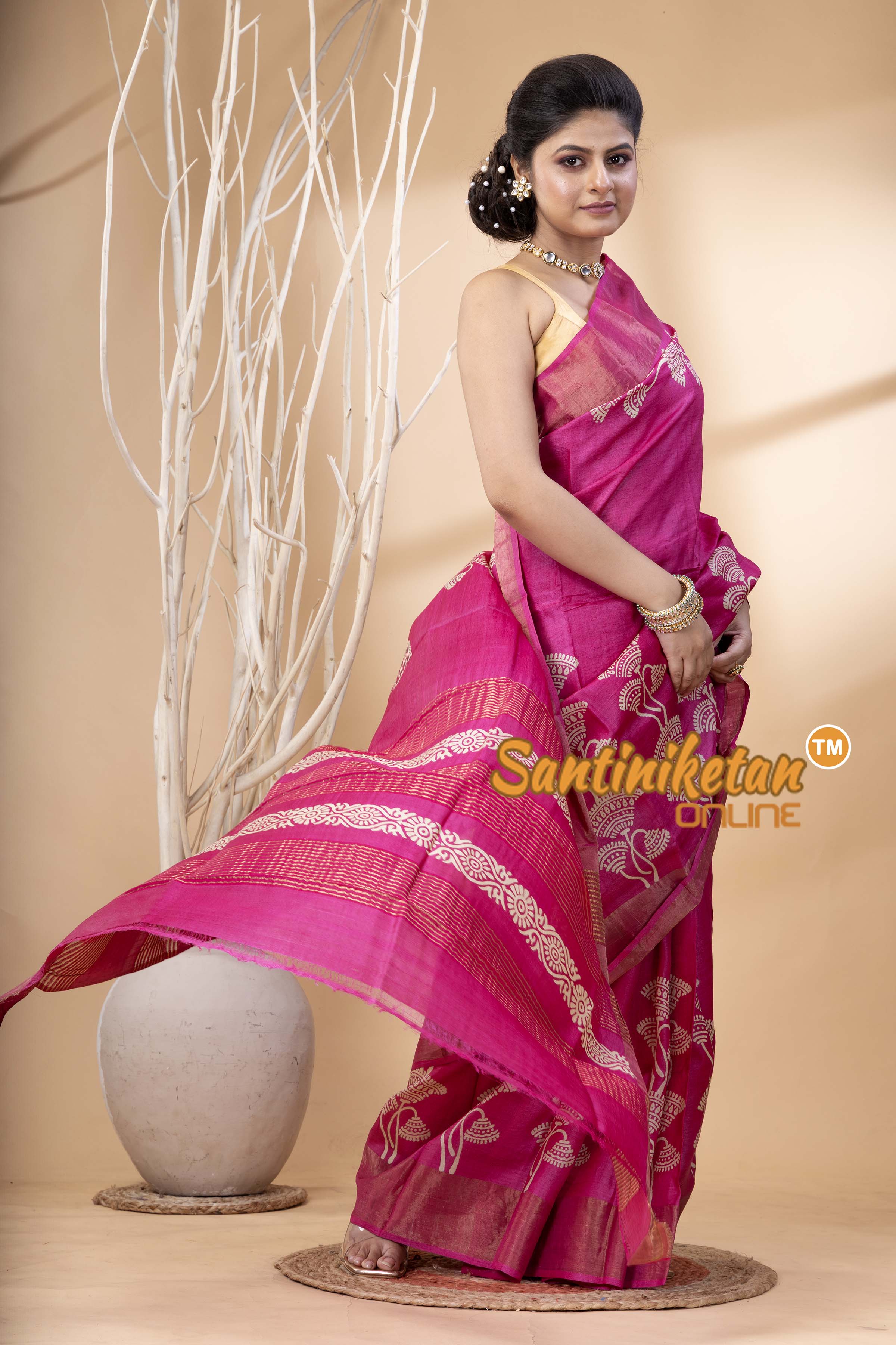 Pure Zari Tussar Hand Block Painted Saree SN202524441