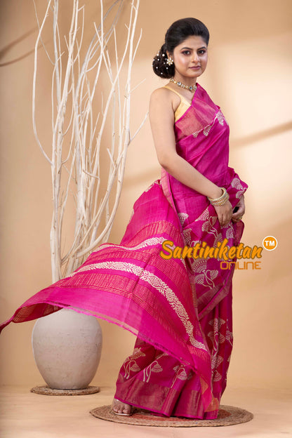 Pure Zari Tussar Hand Block Painted Saree SN202524441