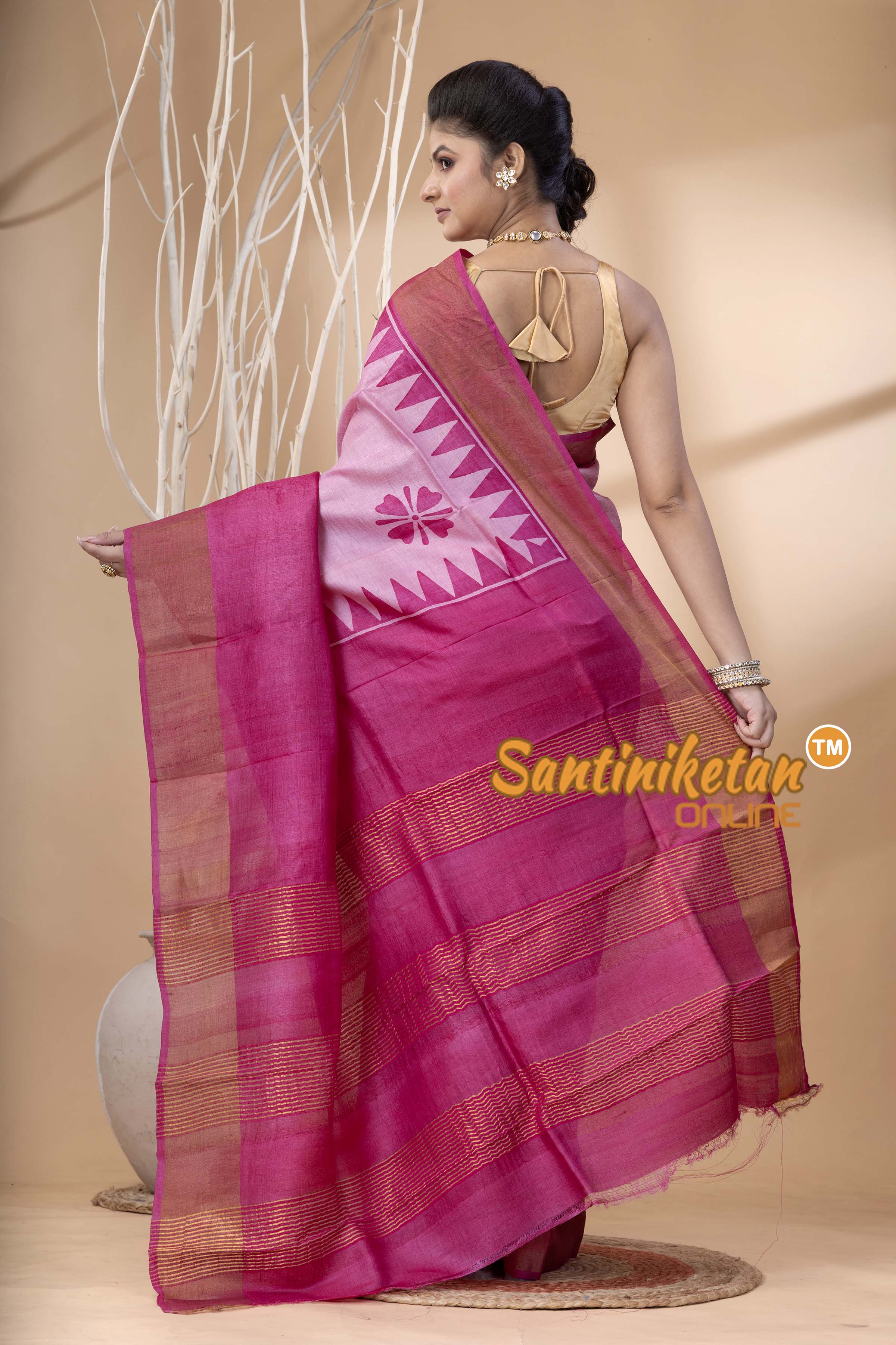 Pure Zari Tussar Hand Block Painted Saree SN202524453