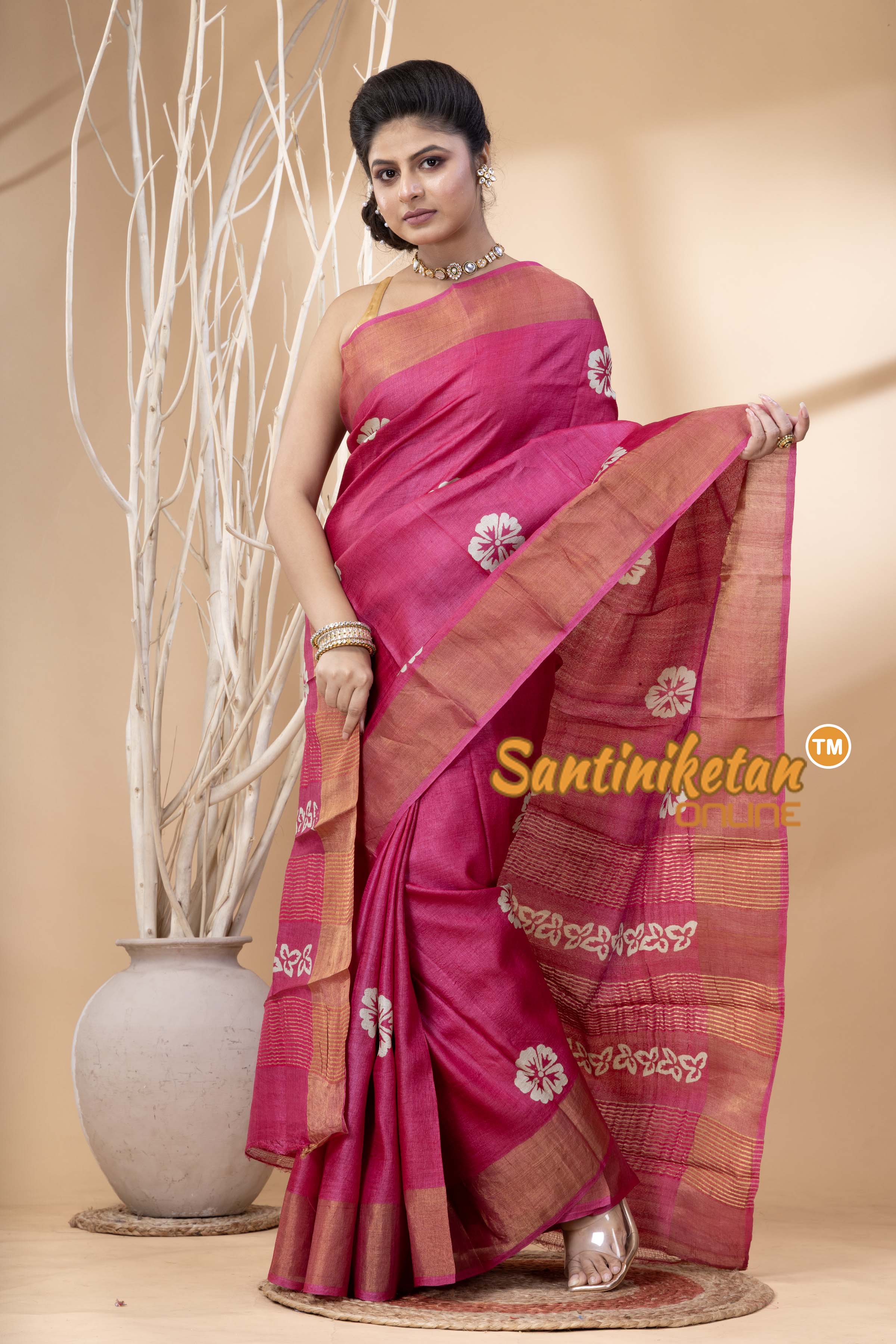 Pure Zari Tussar Hand Block Painted Saree SN202524465