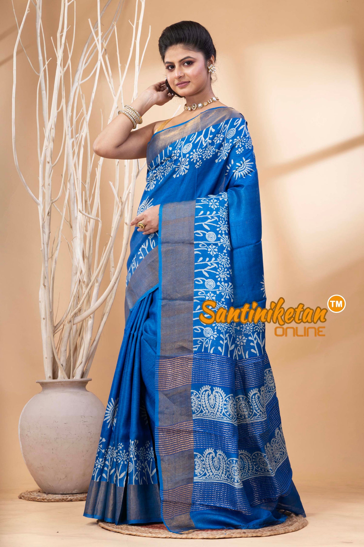 Pure Zari Tussar Hand Block Painted Saree SN202524477