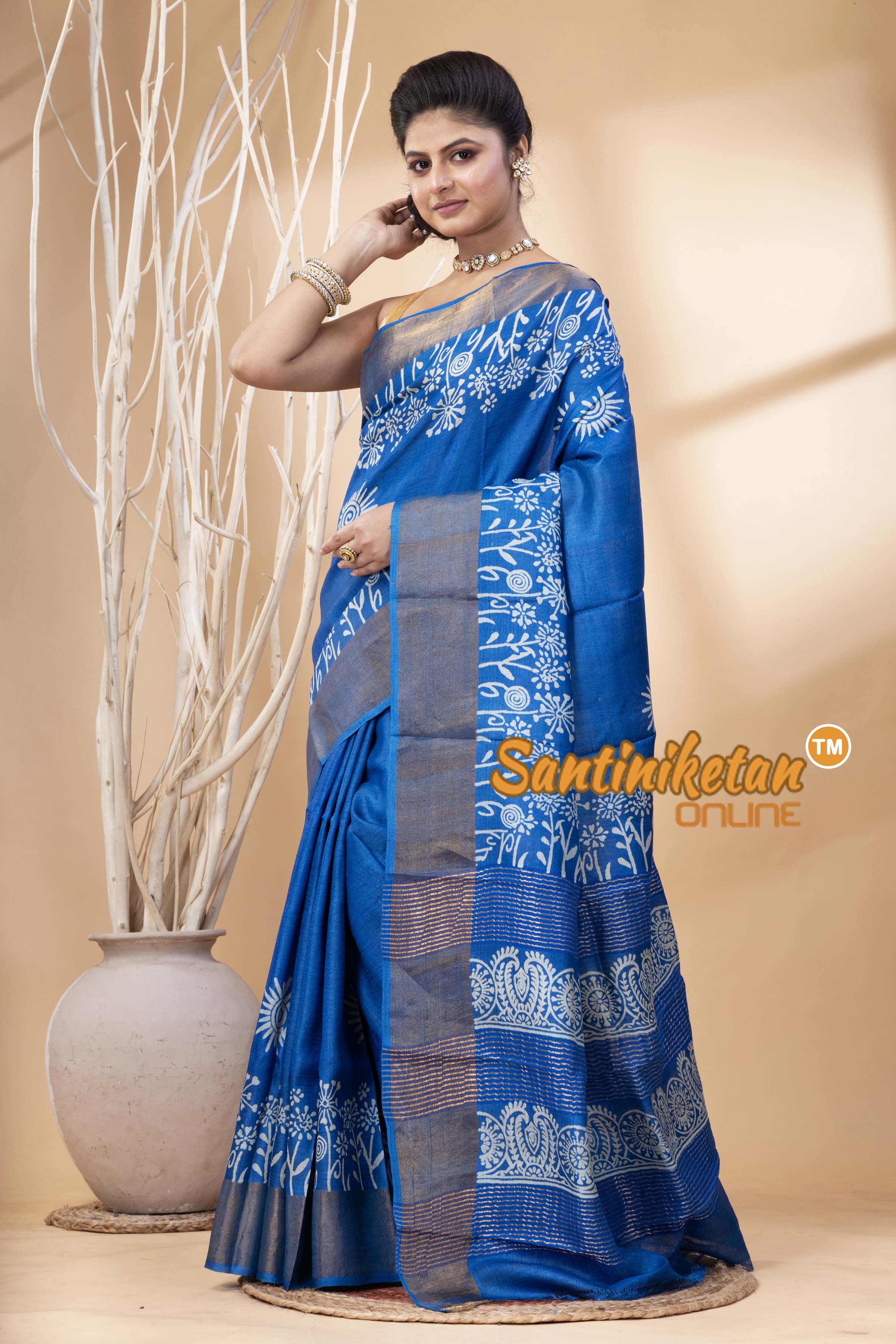 Pure Zari Tussar Hand Block Painted Saree SN202524477