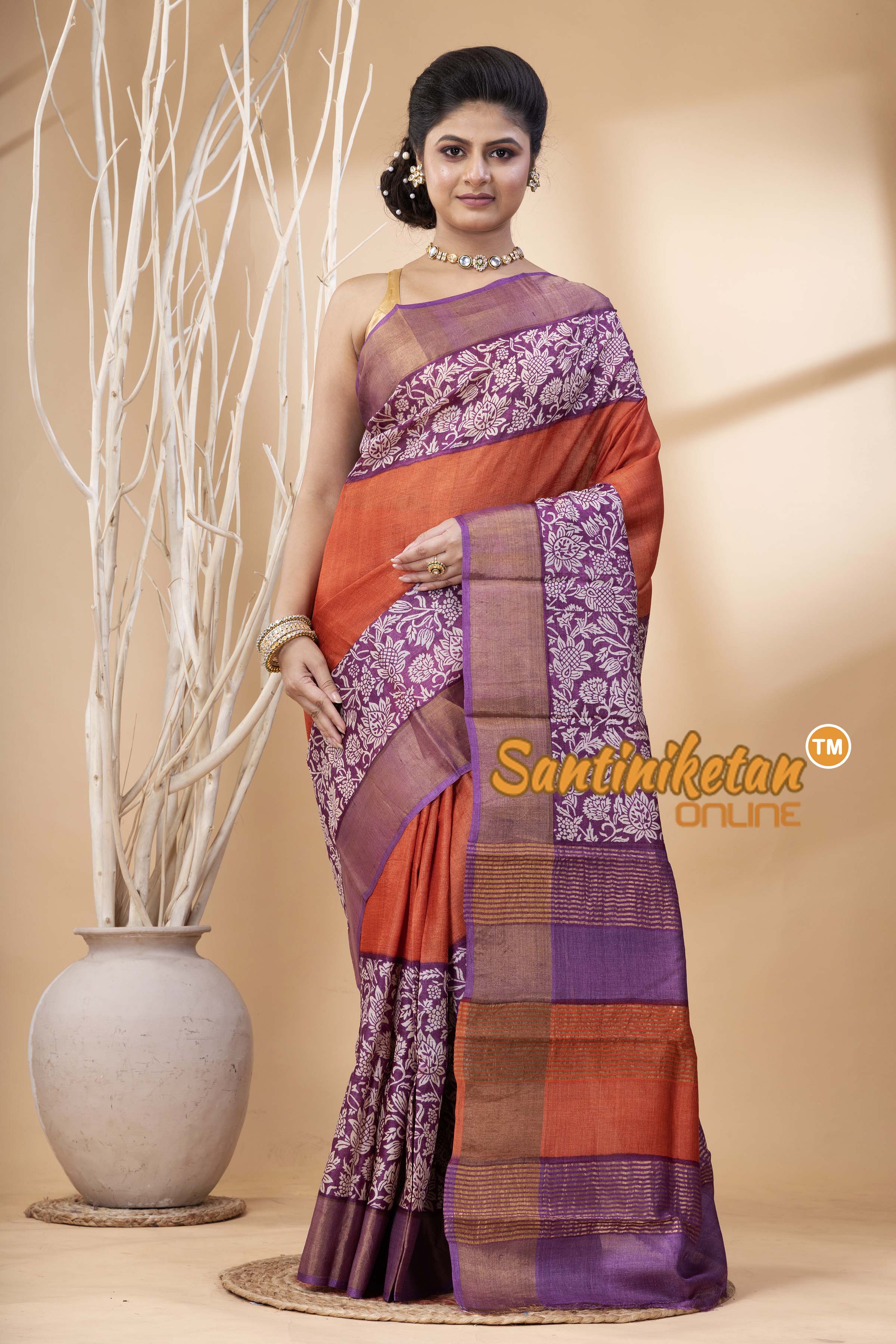 Pure Zari Tussar Hand Block Painted Saree SN202524483