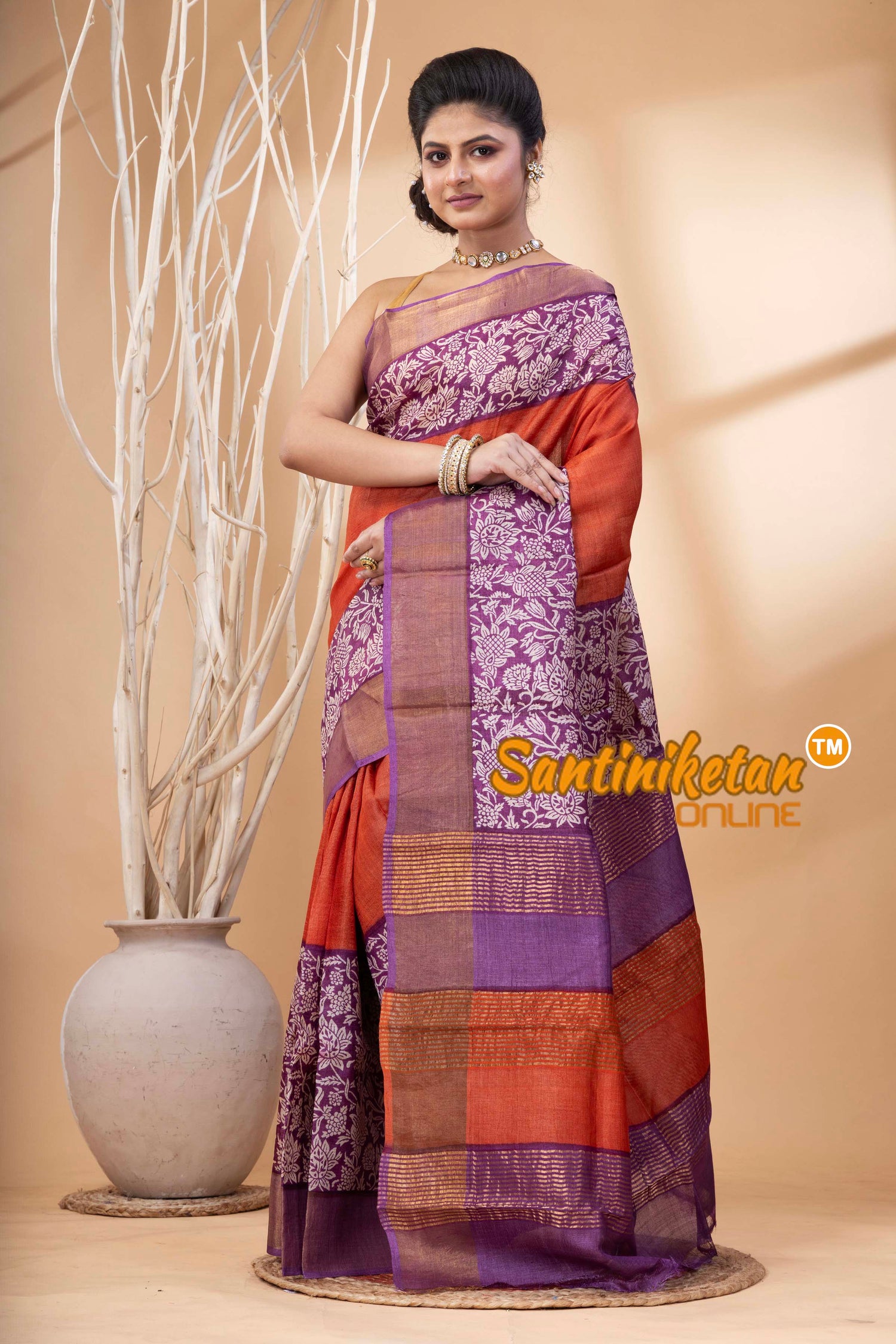 Pure Zari Tussar Hand Block Painted Saree SN202524483
