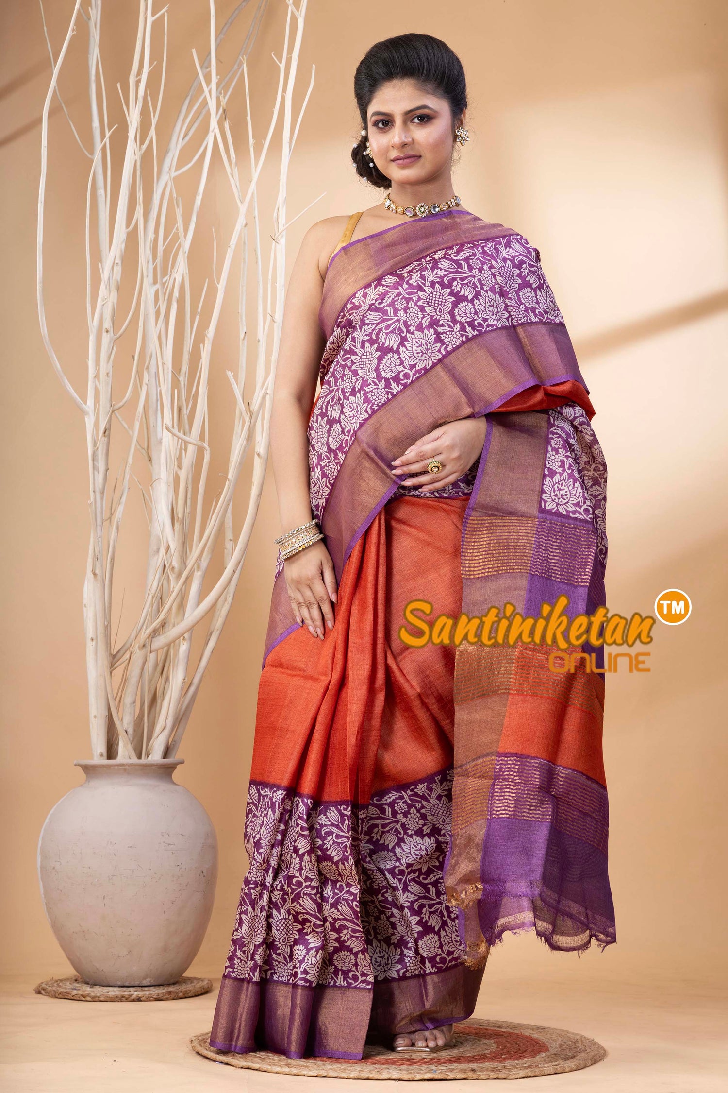 Pure Zari Tussar Hand Block Painted Saree SN202524483