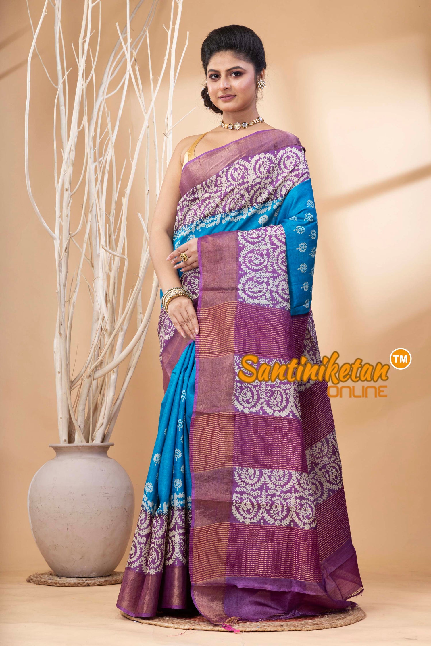 Pure Zari Tussar Hand Block Painted Saree SN202524501