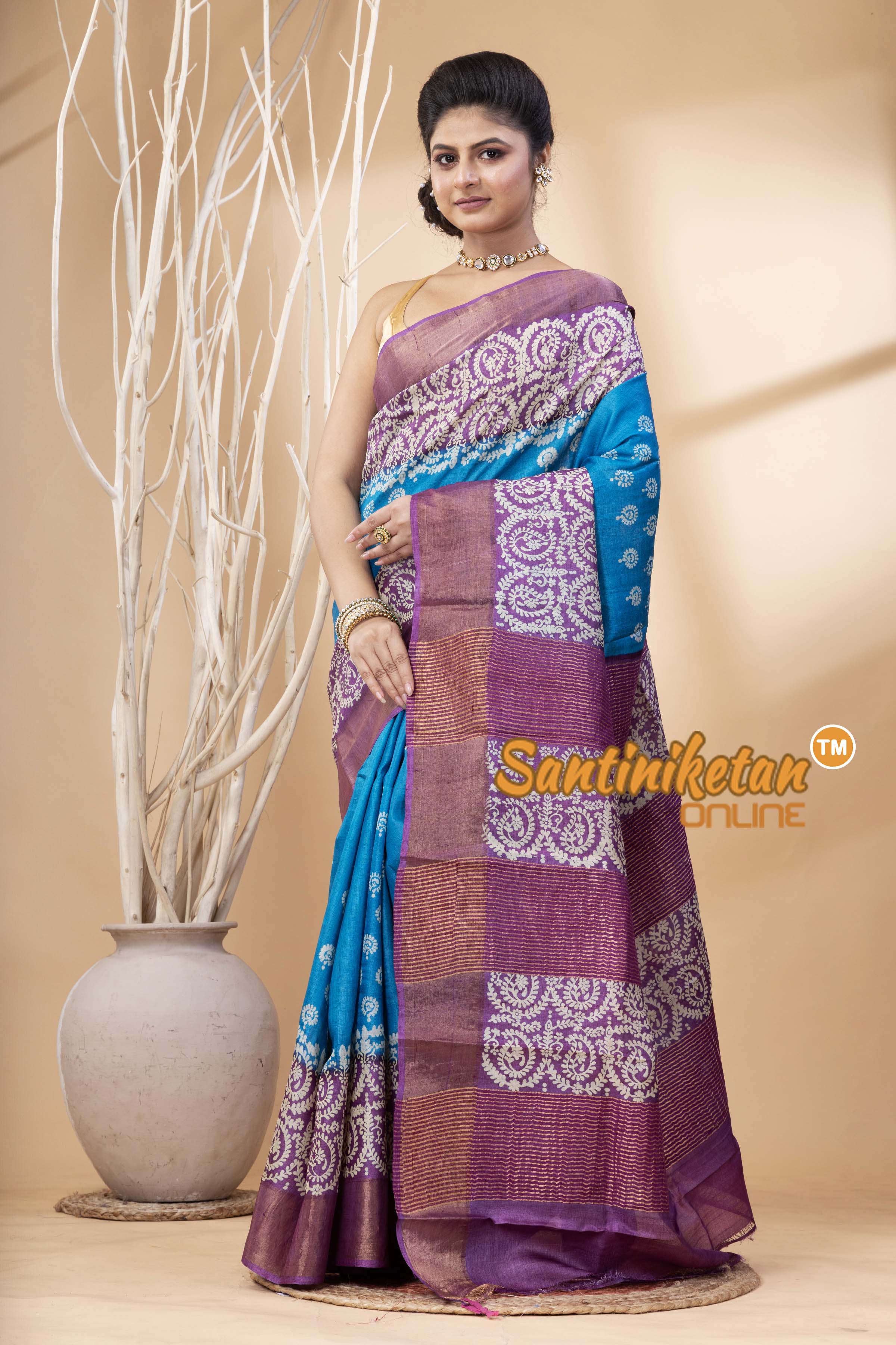 Pure Zari Tussar Hand Block Painted Saree SN202524501